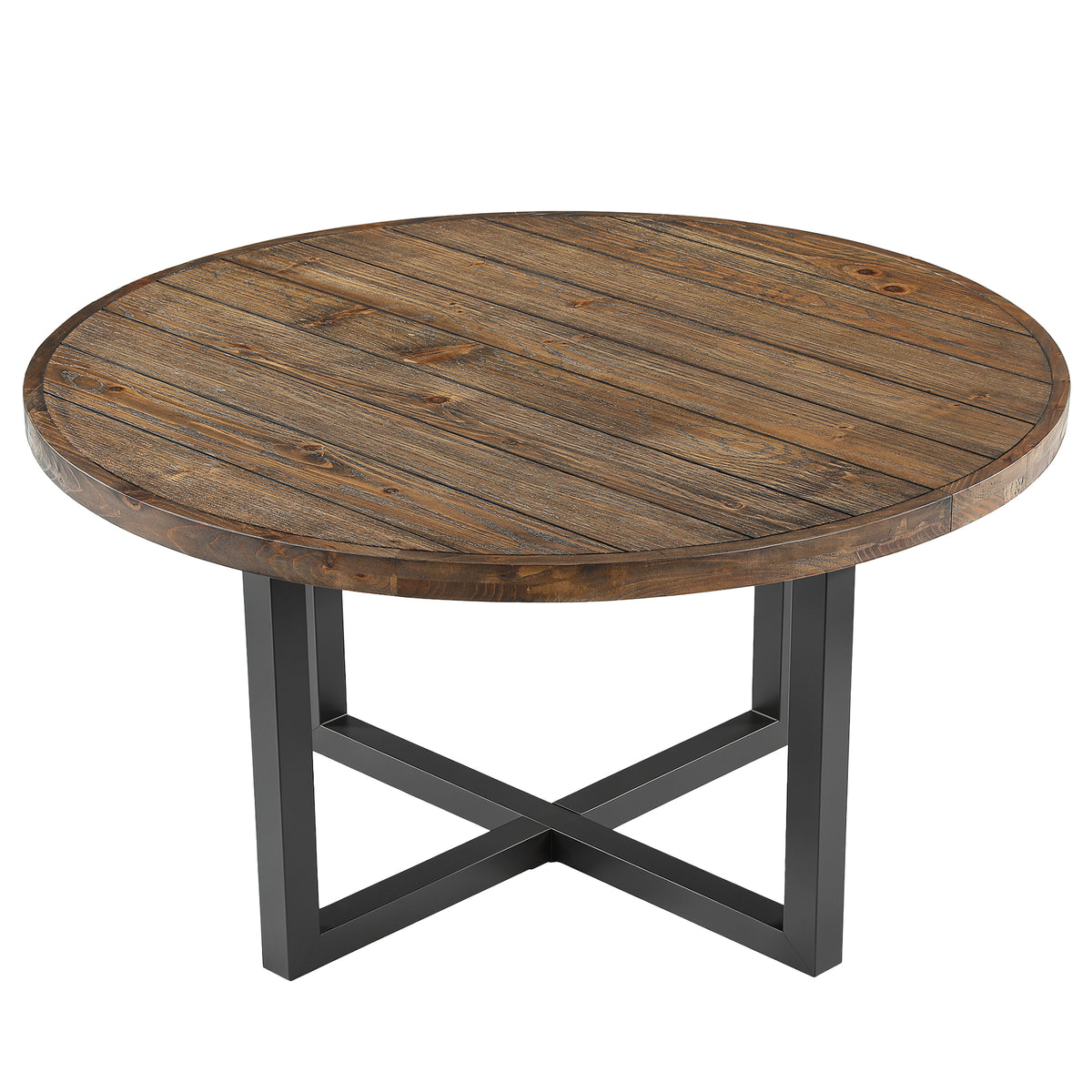 47.24 Inch Solid Wood Round Dining Table with Metal Cross Base, Farmhouse Kitchen Table for 4-6