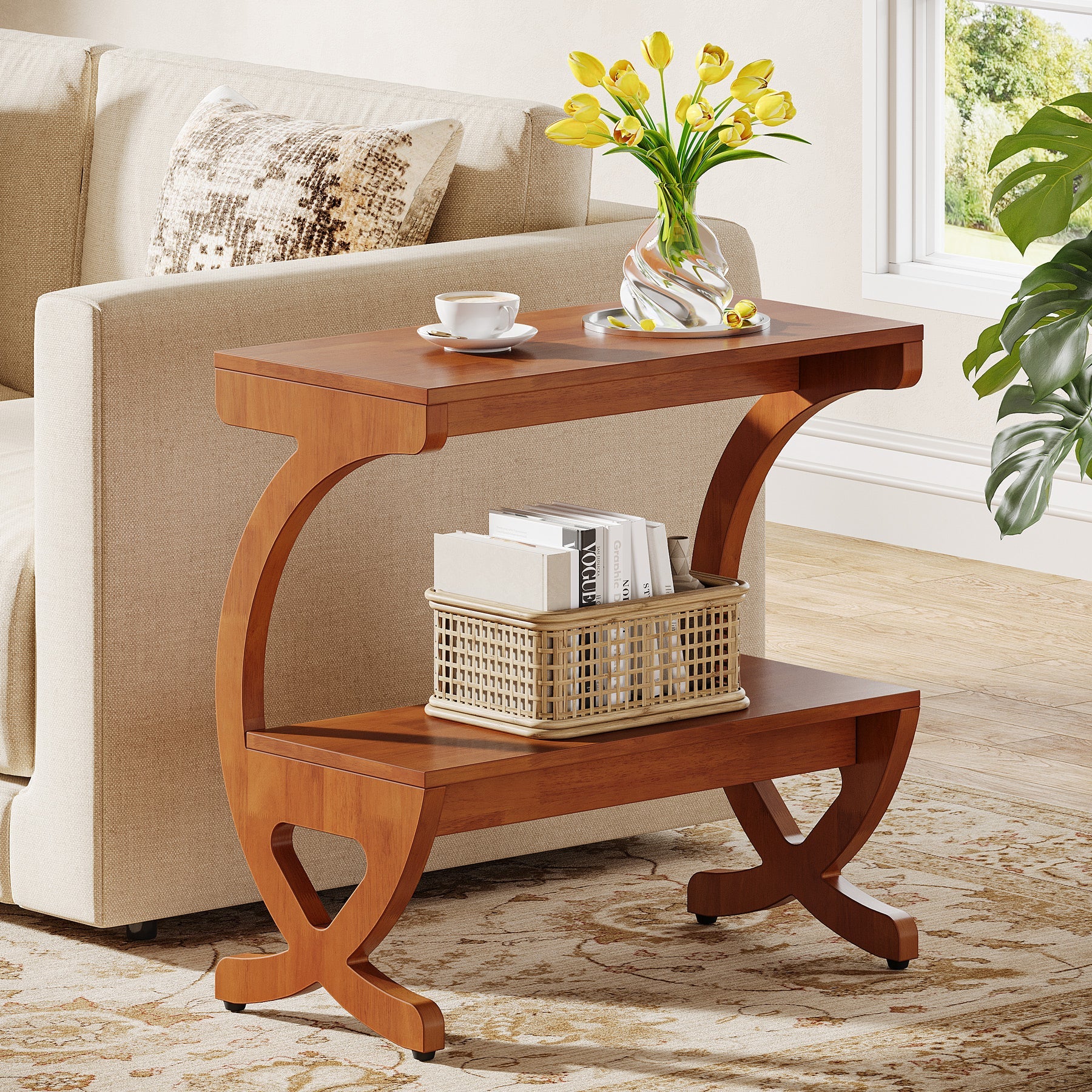 23.62-Inch Narrow End Table with 2-Tier Storage Shelf, Solid Wood Side Table for Living Room