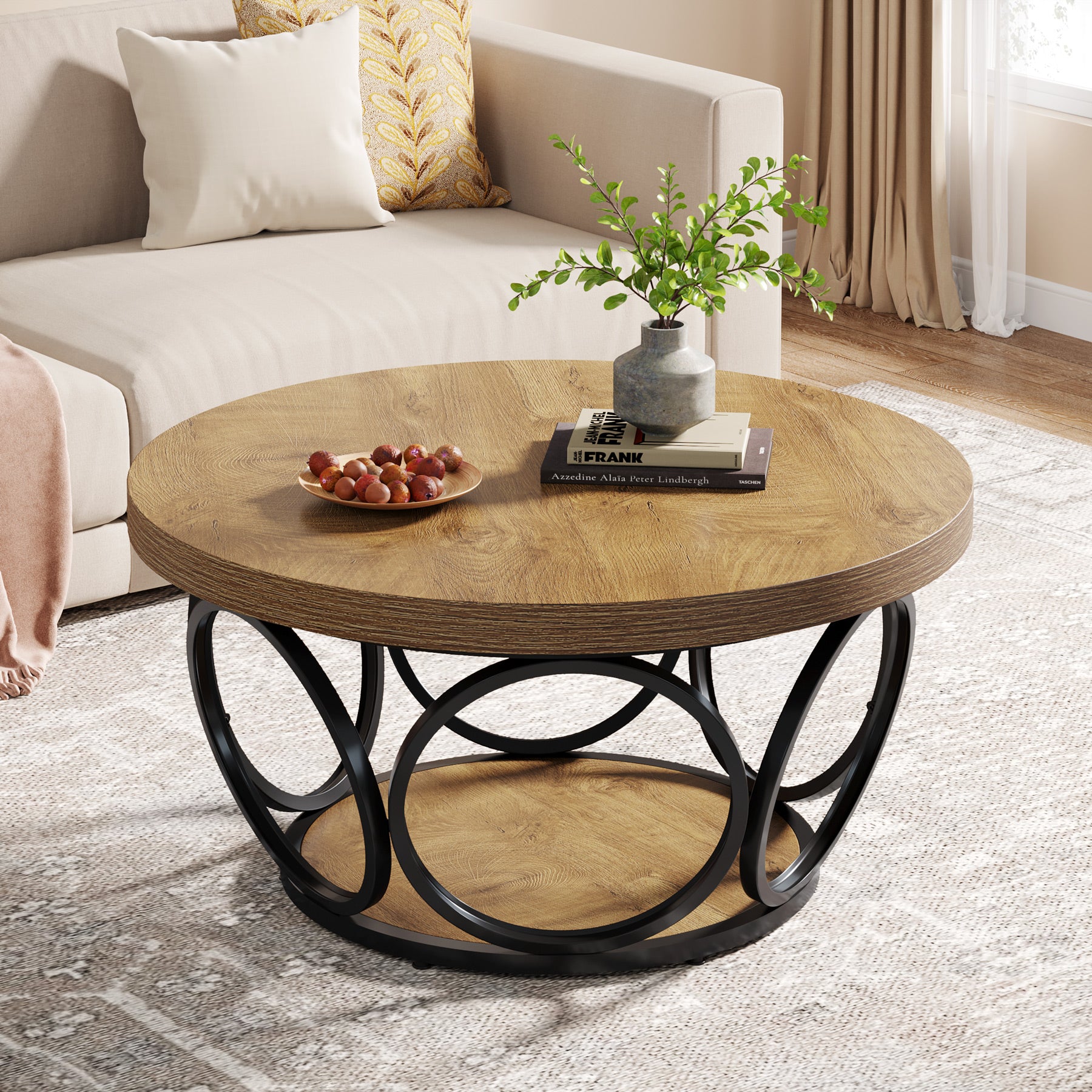 Tribesigns Coffee Table, Round Center Table with 2 Storage Shelves