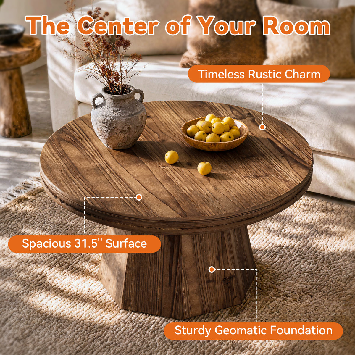 Tribesigns 31.5" Solid Wood Round Coffee Table with Thick Top, Rustic Farmhouse Living Room