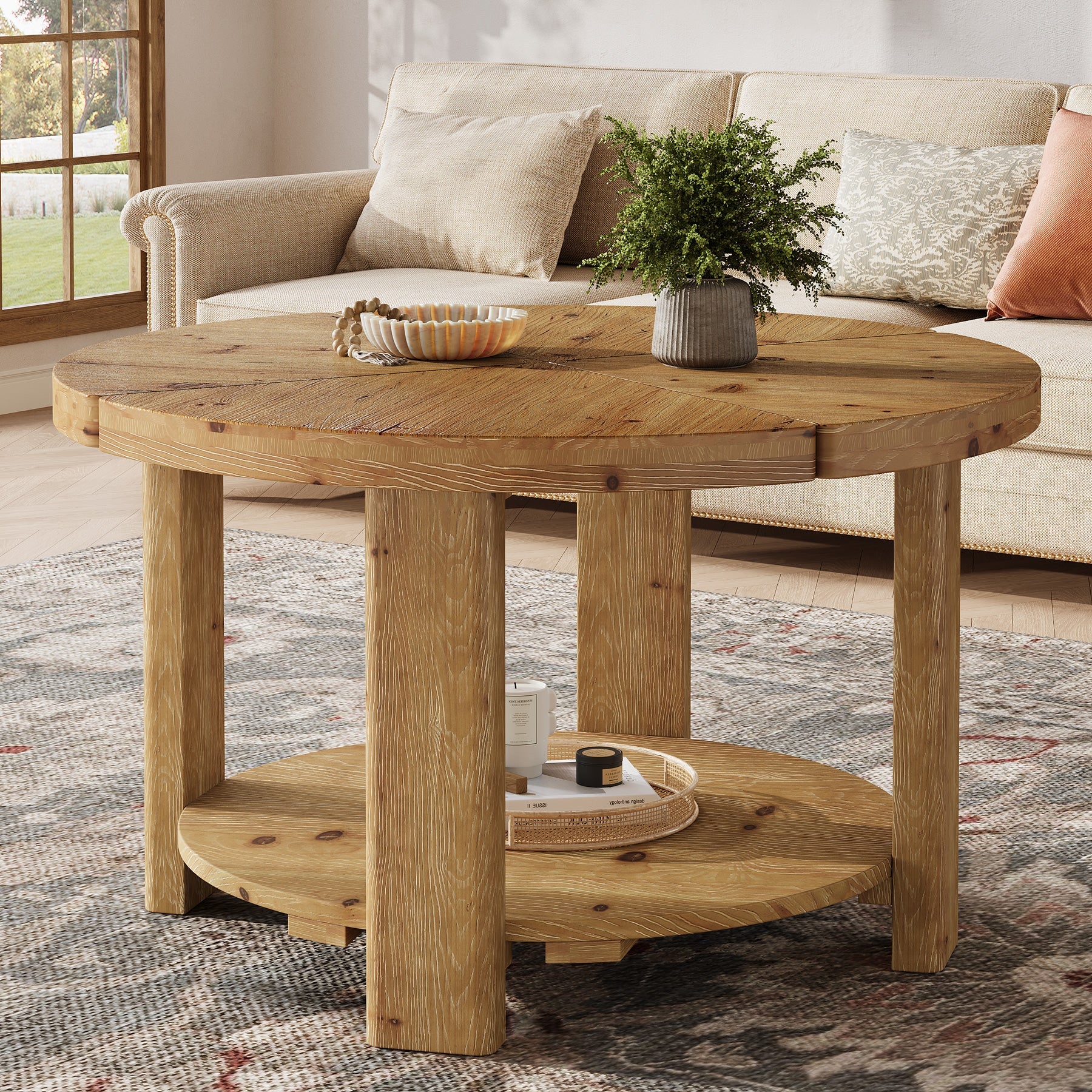 31.5" Farmhouse 2-Tier Coffee Table, Round Solid Wood Storage Table in Natural Brown