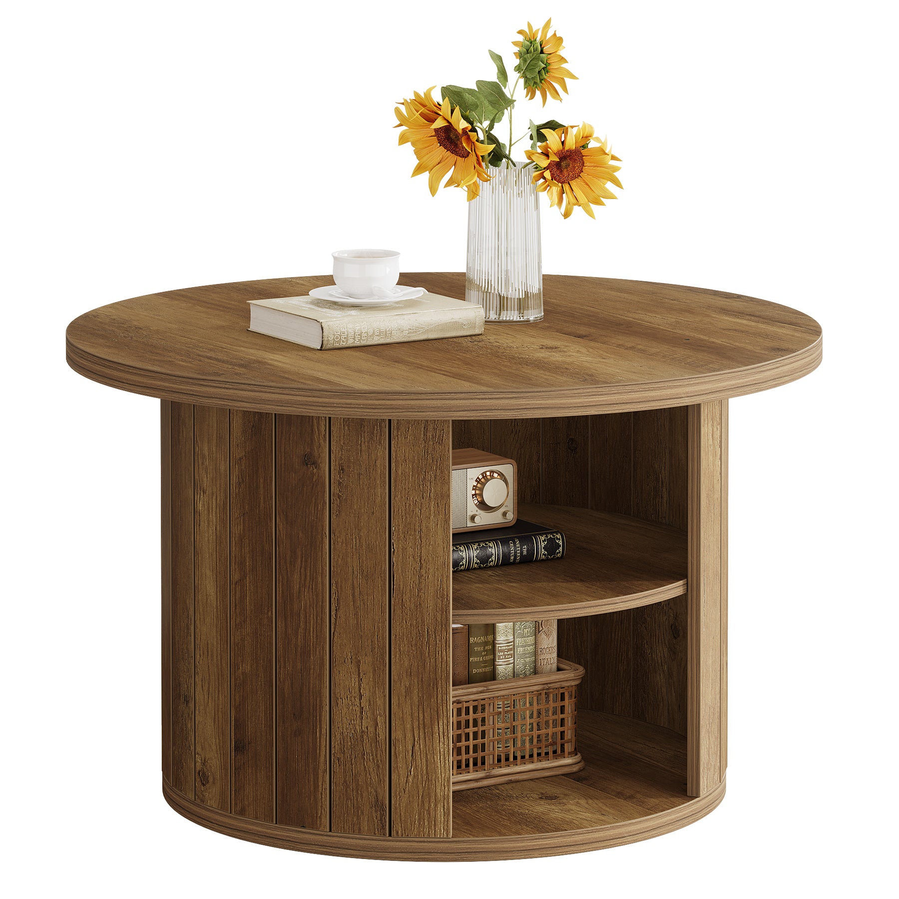 31.5" Round Rustic Storage Coffee Table - Small Circle Center Table with Shelf for Living Room