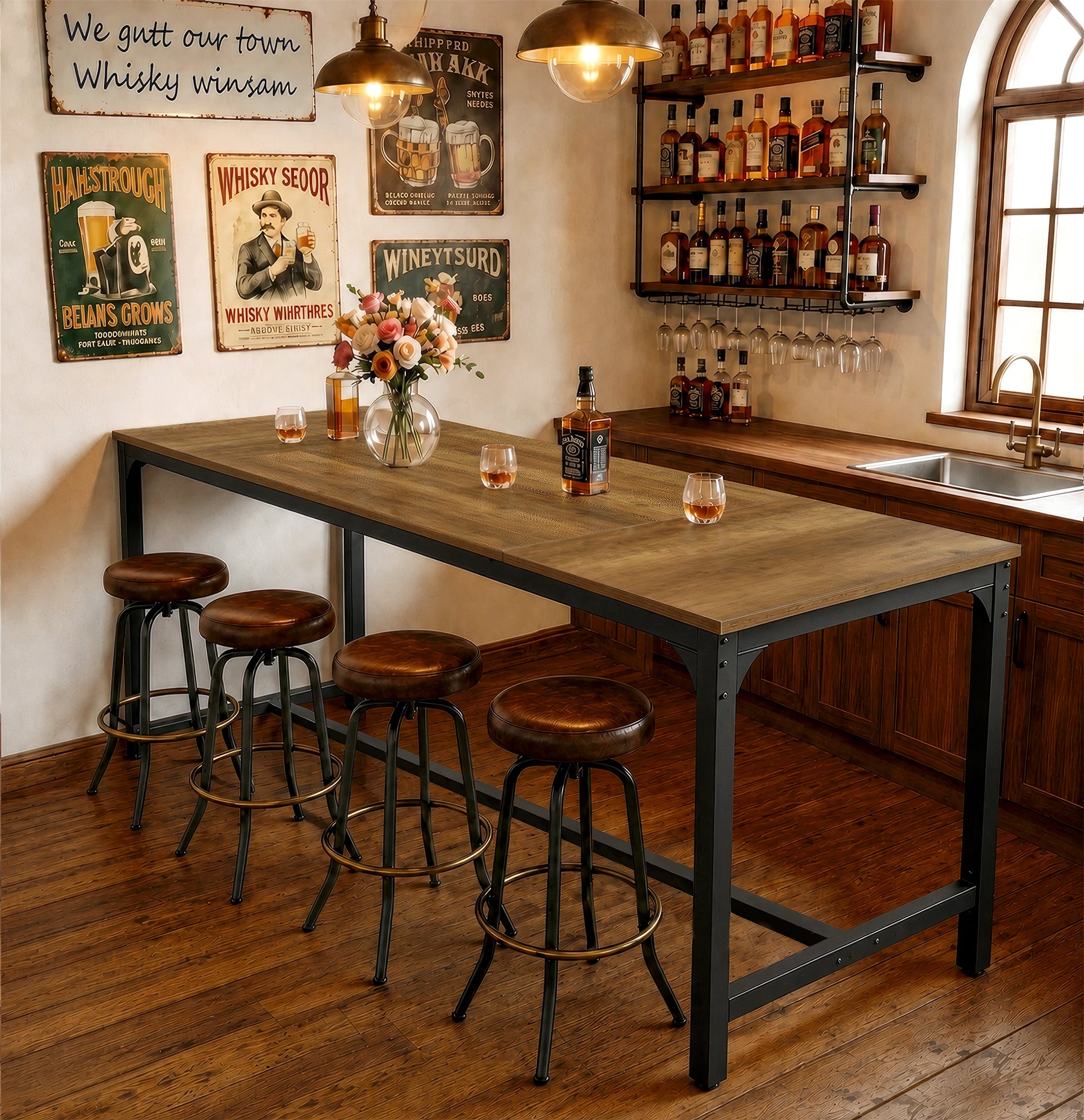 70.9 Inch Industrial Bar Table with Metal Footrest, Counter Height Pub Table for Dining Room and Home Bar