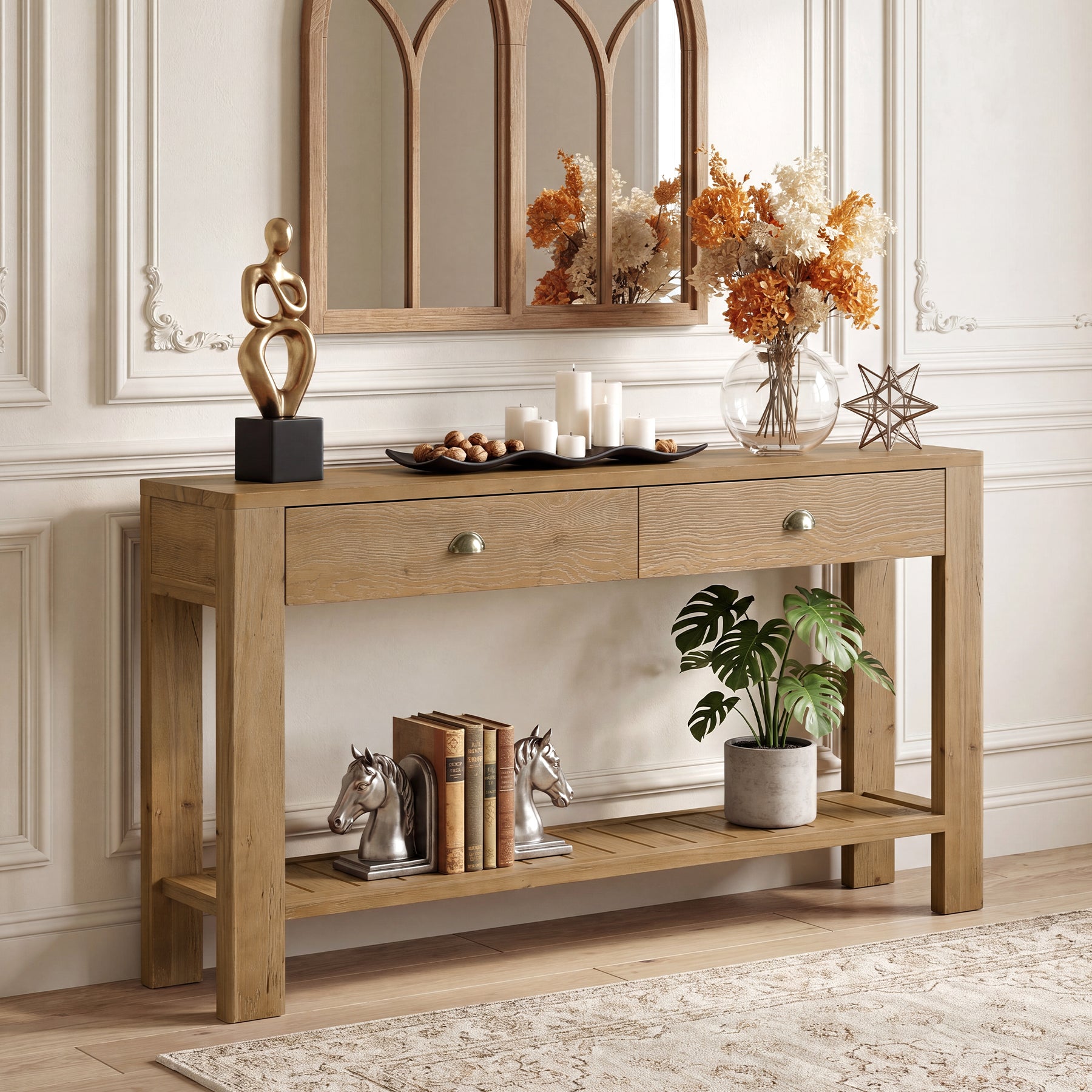 Tribesigns 55.12 Inch Solid Fir Wood Console Table with 2 Drawers, Narrow Hallway Table with Shelf