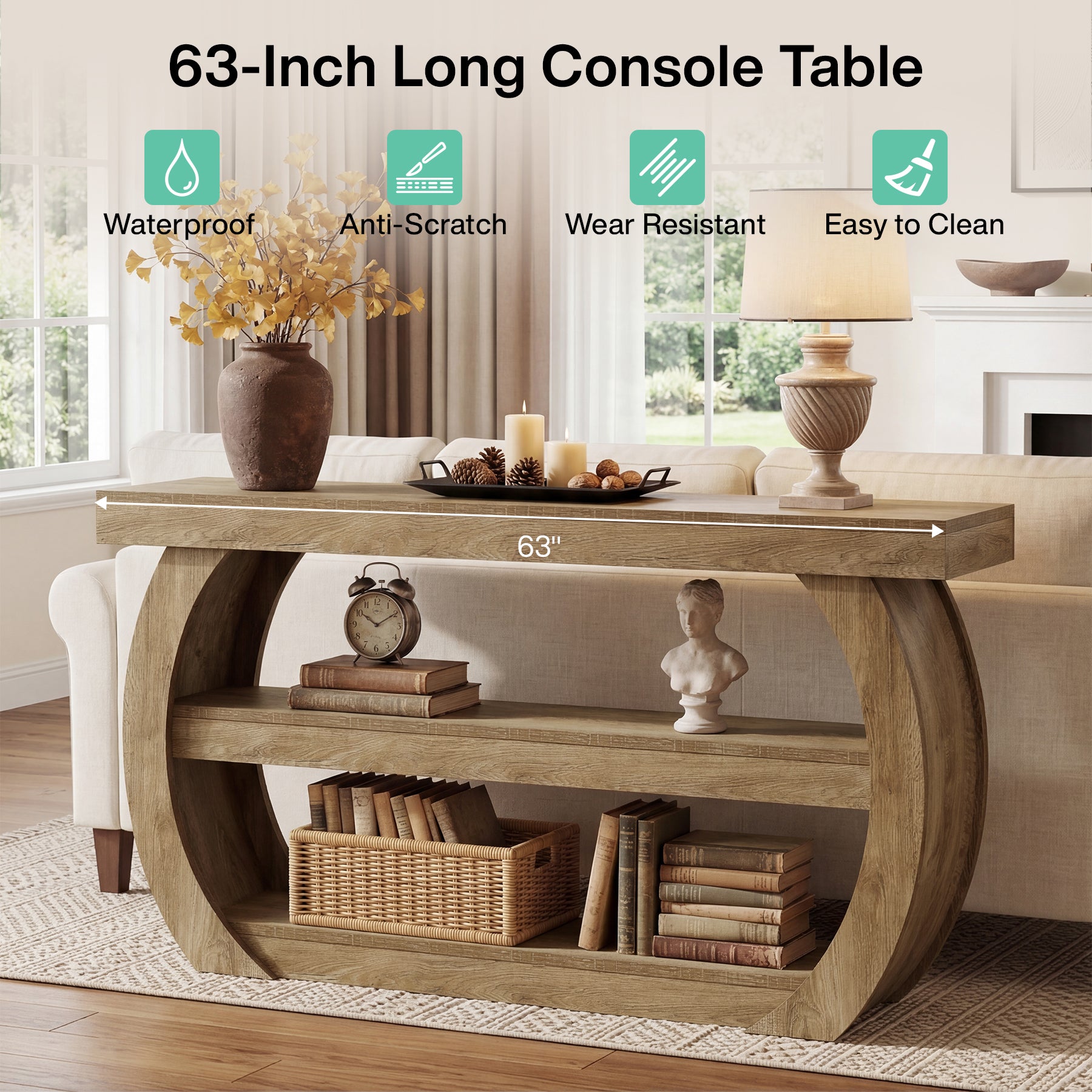 63" Farmhouse Console Table with 3-Tier Storage, Long Wooden Sofa Table for Entryway and Living Room