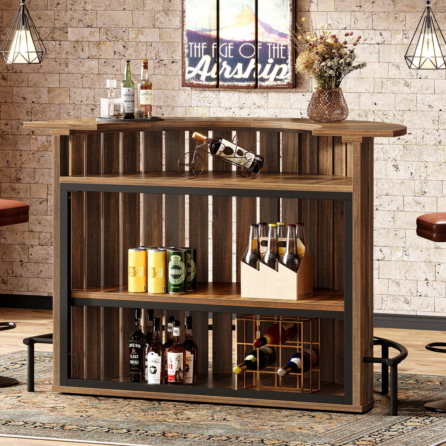 Tribesigns Bar Table with 4-Tier Storage and Footrest, Arc-Shaped Mini Home Bar Unit