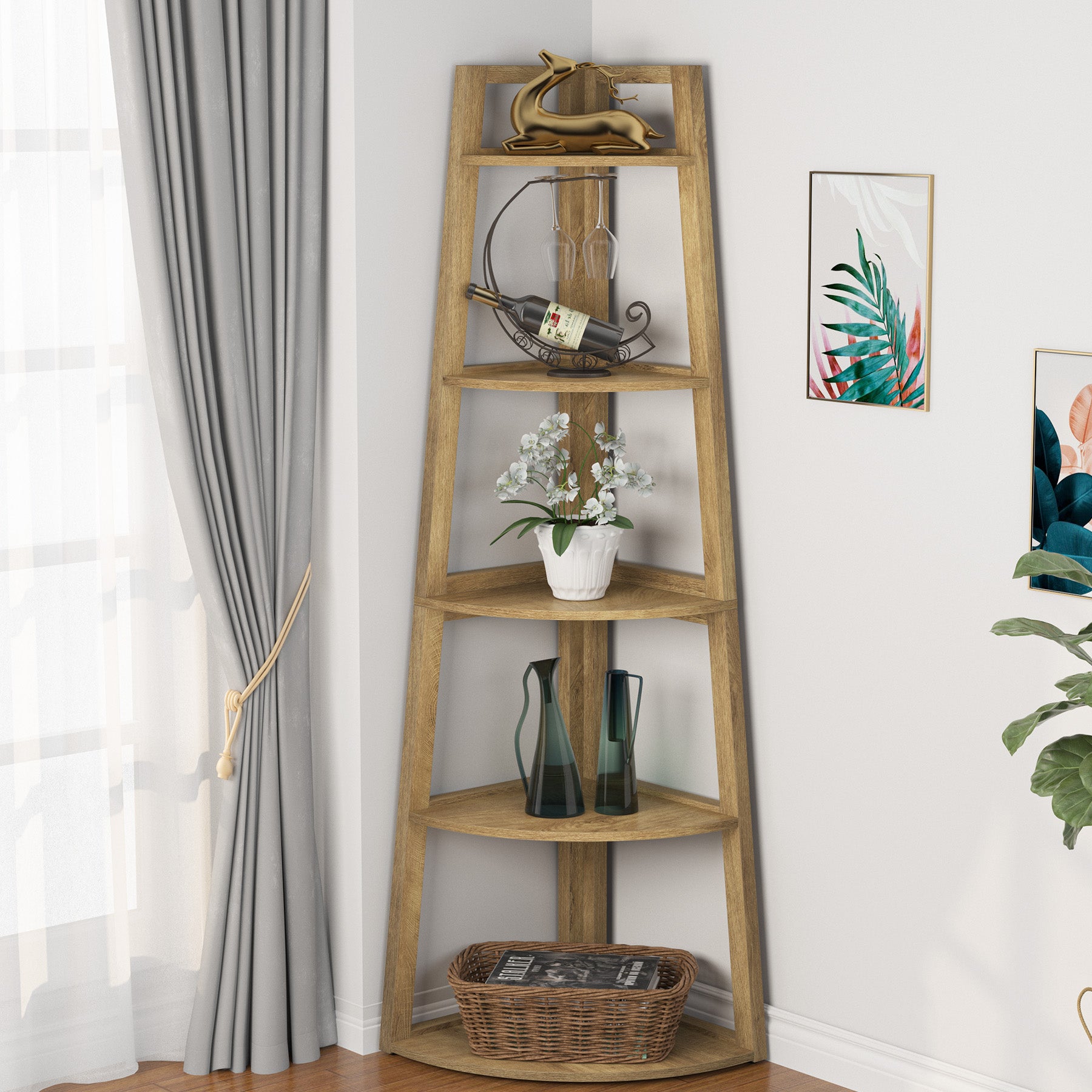 Tribesigns 70-Inch Tall Corner Shelf 5-Tier Bookcase, Industrial Corner Ladder Shelf for Small Spaces