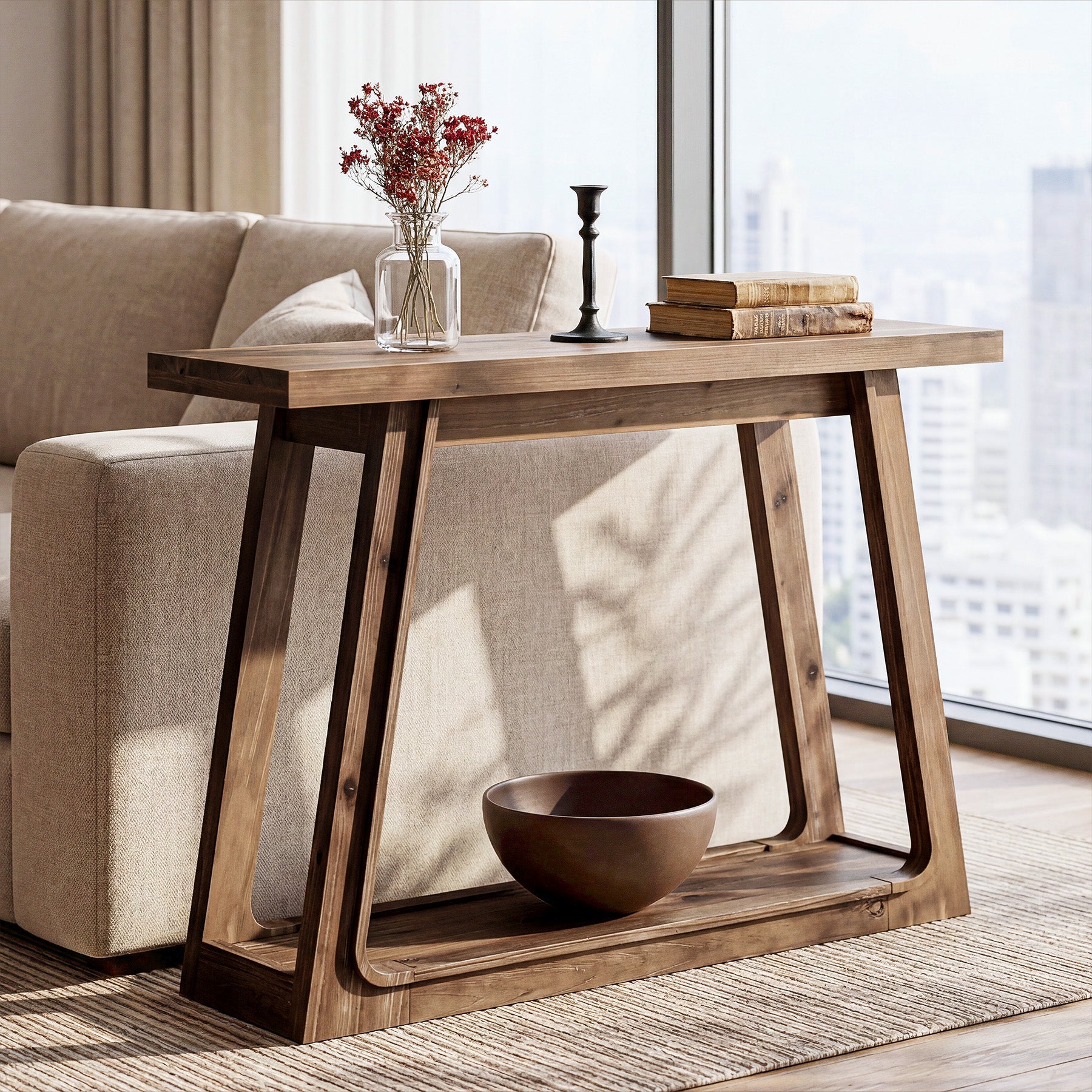 41.34-Inch Solid Wood Console Table with 2-Tier Storage Shelf, Narrow Entryway Sofa Table for Hallway and Behind Couch