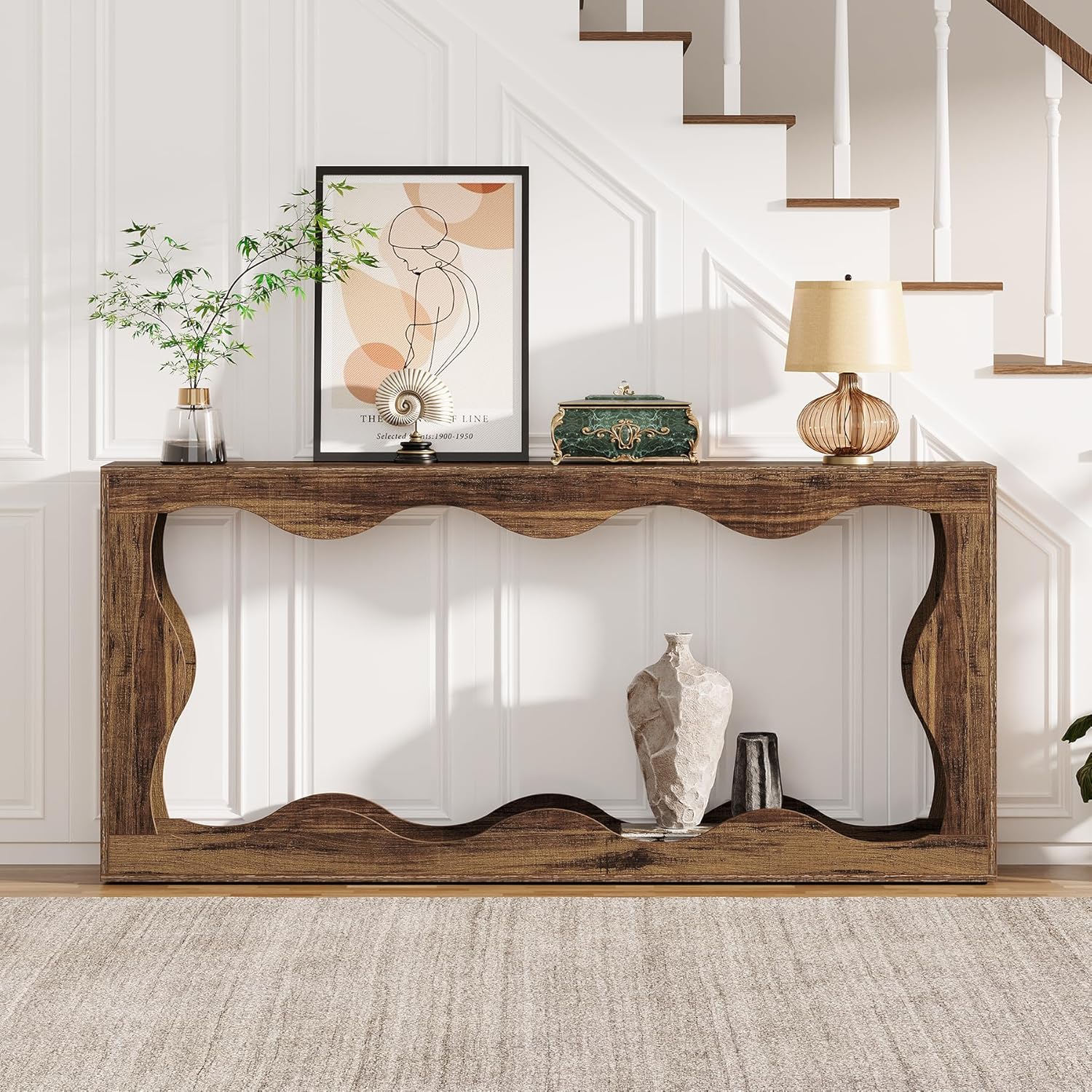 63" Rustic Farmhouse Console Table - Scalloped Sofa Table with Storage for Hallway & Living Room