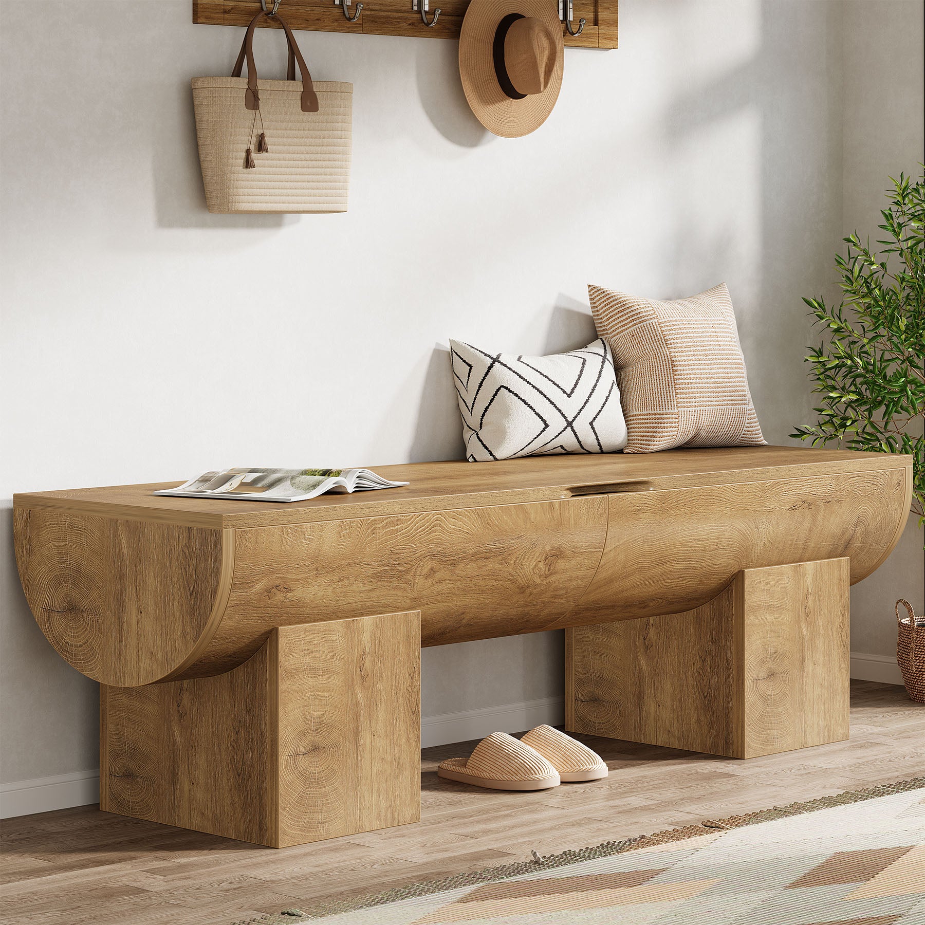 55.1-Inch Farmhouse Storage Bench with Flip-Top Storage and 2 Safety Hinges