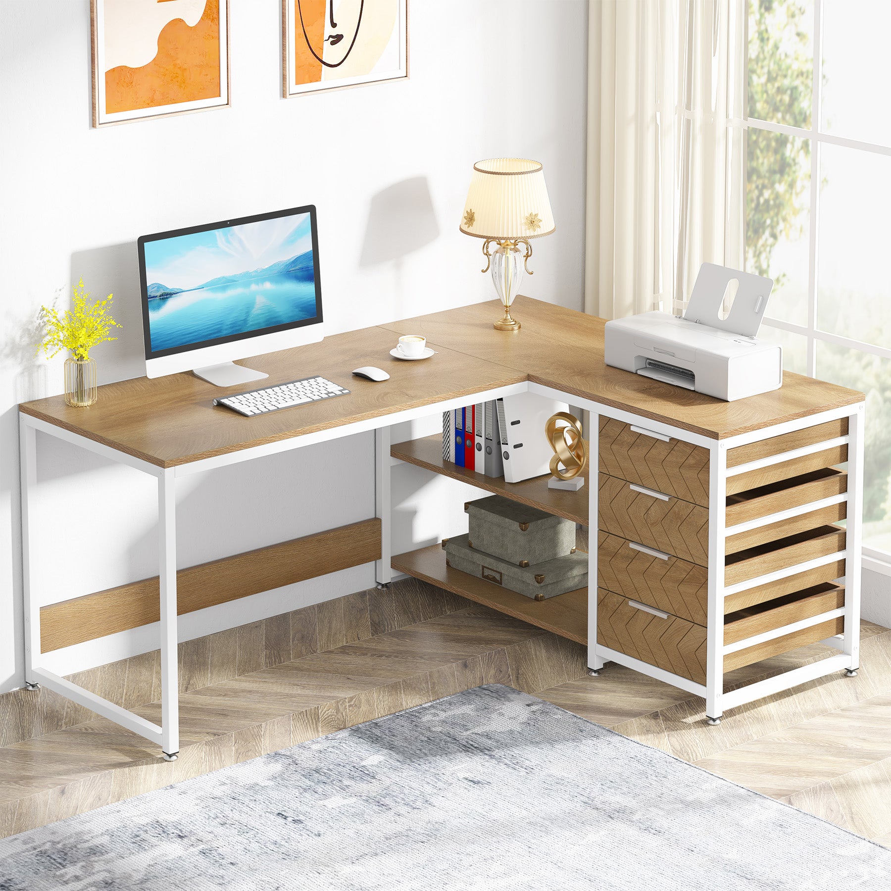 59" L-Shaped Desk, Reversible Corner Computer Desk with Drawers and Shelves