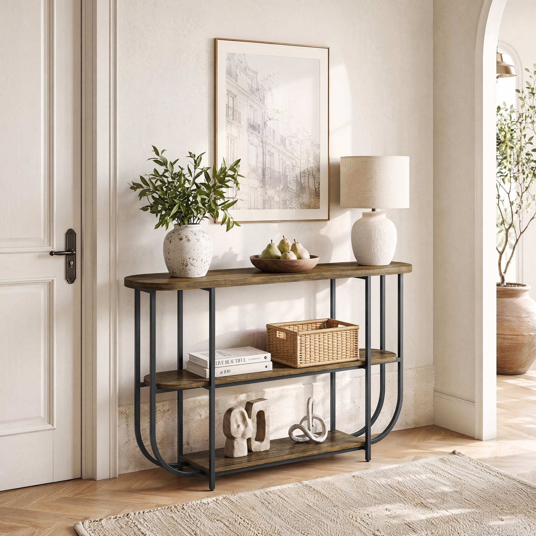 Tribesigns 63-Inch 3-Tier Narrow Console Table with Curved Metal Frame, Modern Vintage Entryway Sofa Table for Living Room