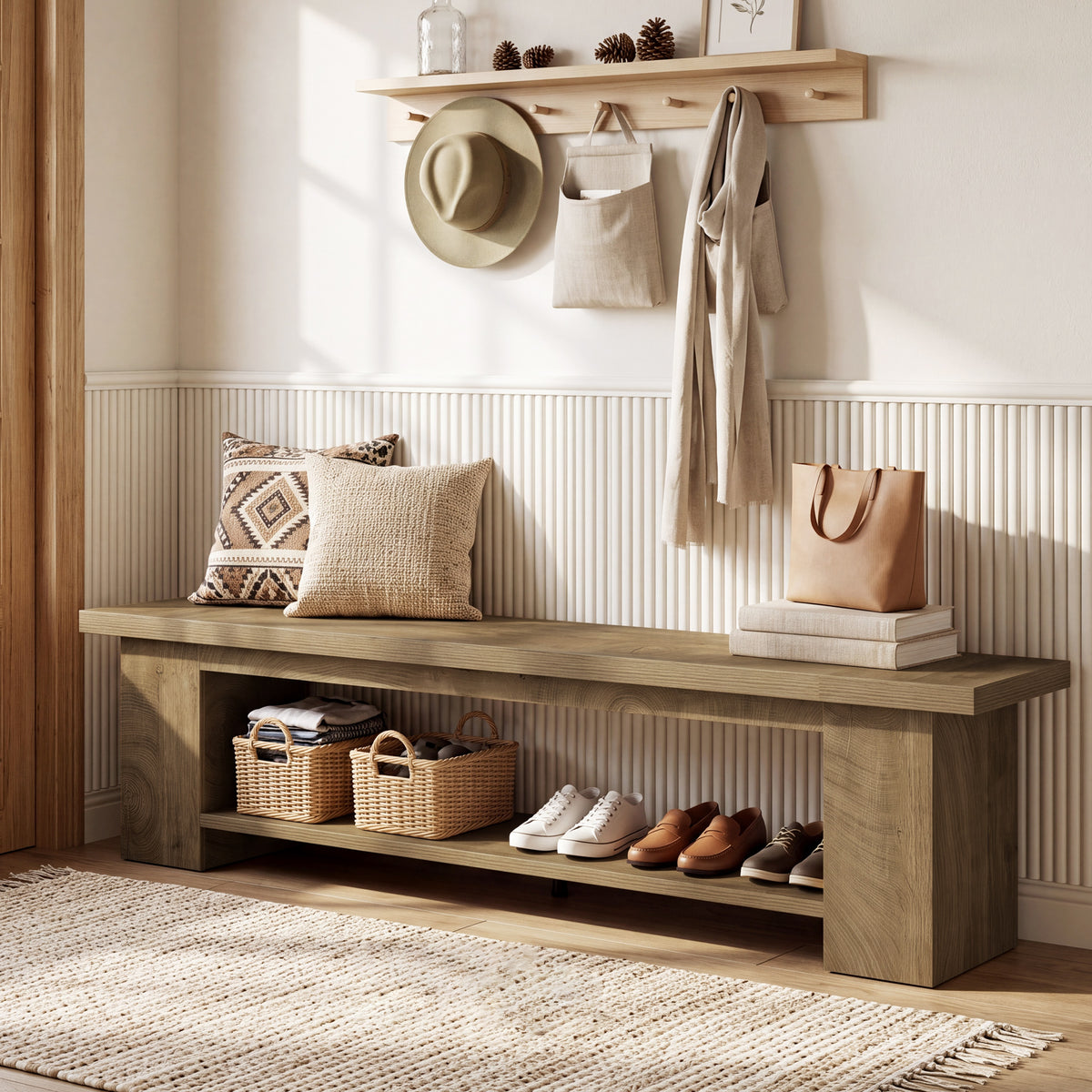 Tribesigns 86.6" Extra Long Entryway Bench with 2-Tier Shoe Storage, Storage Bench for Hallway