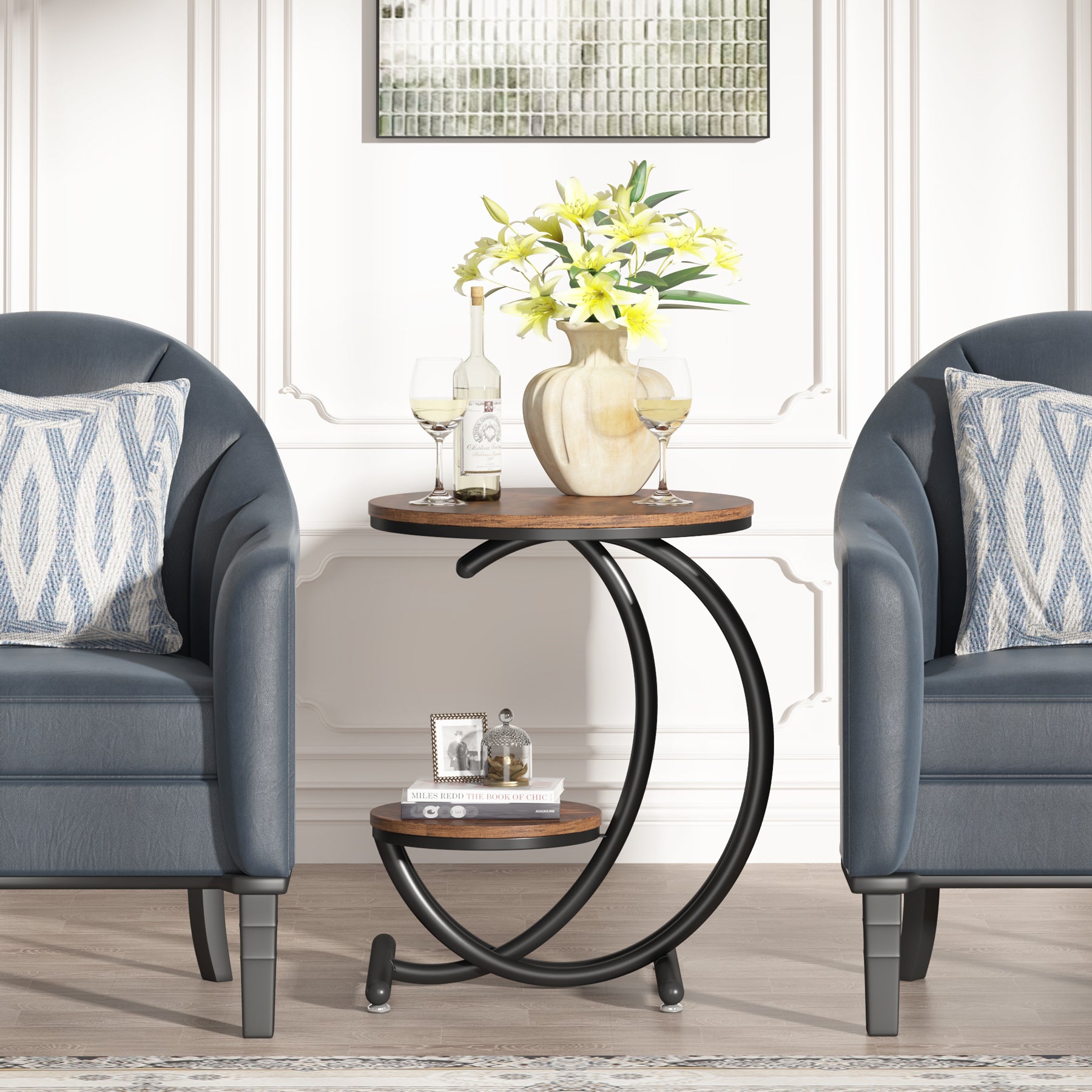 19.68" Round End Table with Storage, 2 Tier Industrial Side Table