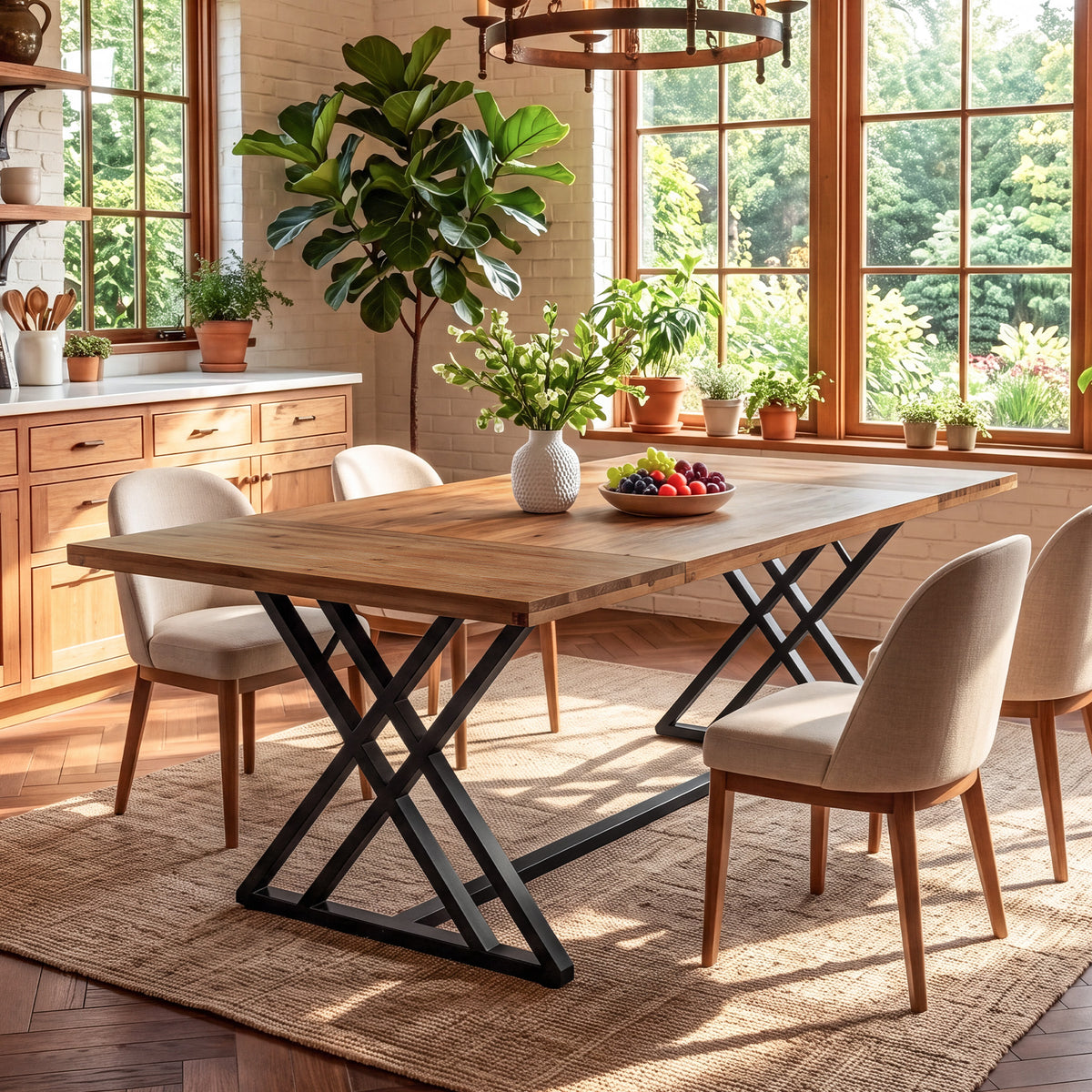 Tribesigns 63 Inch Solid Wood Dining Table with X-Shaped Metal Legs, Farmhouse Kitchen Table