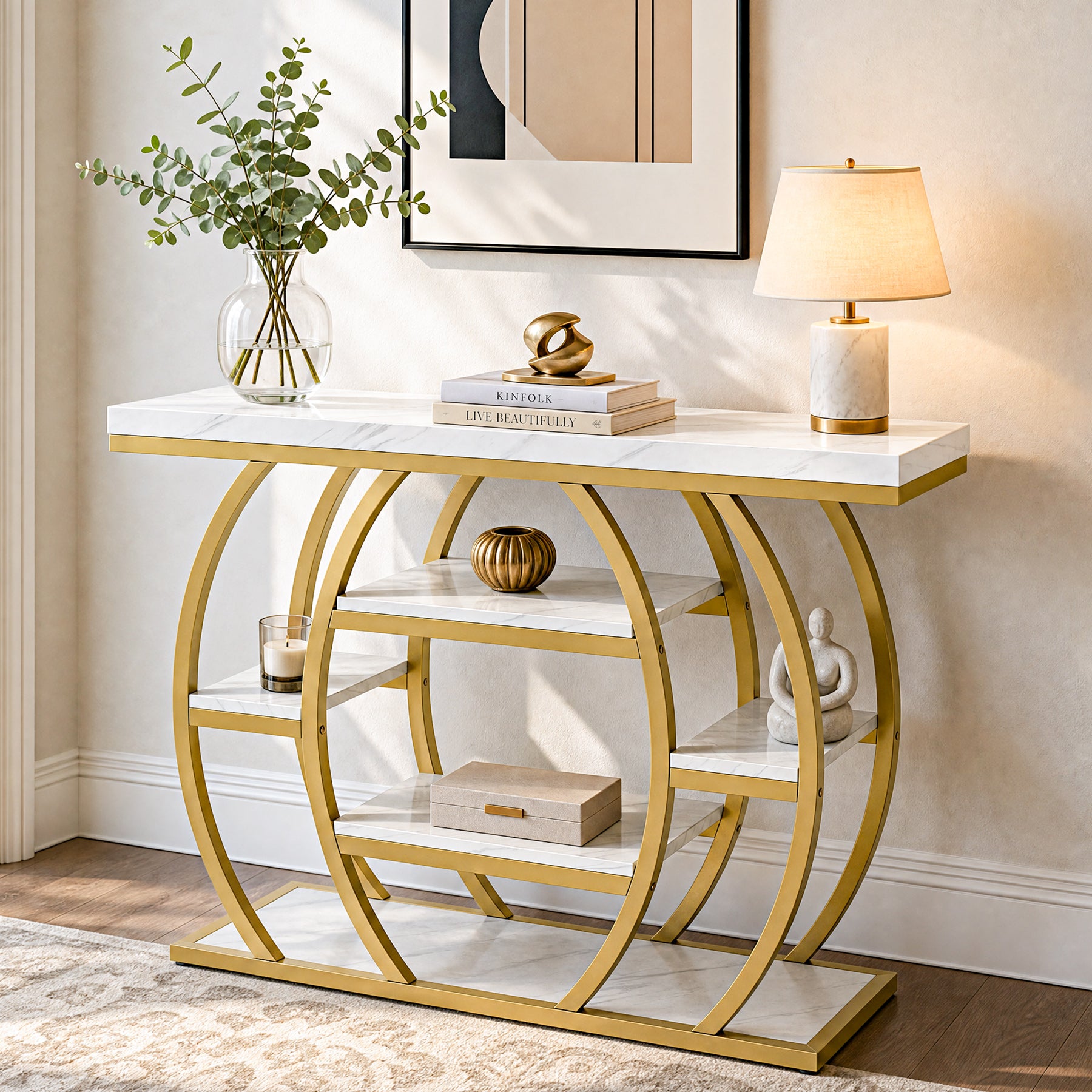 41.3-Inch Modern Console Table with 5-Tier Storage, Narrow Faux Marble Entryway Table for Living Room and Hallway