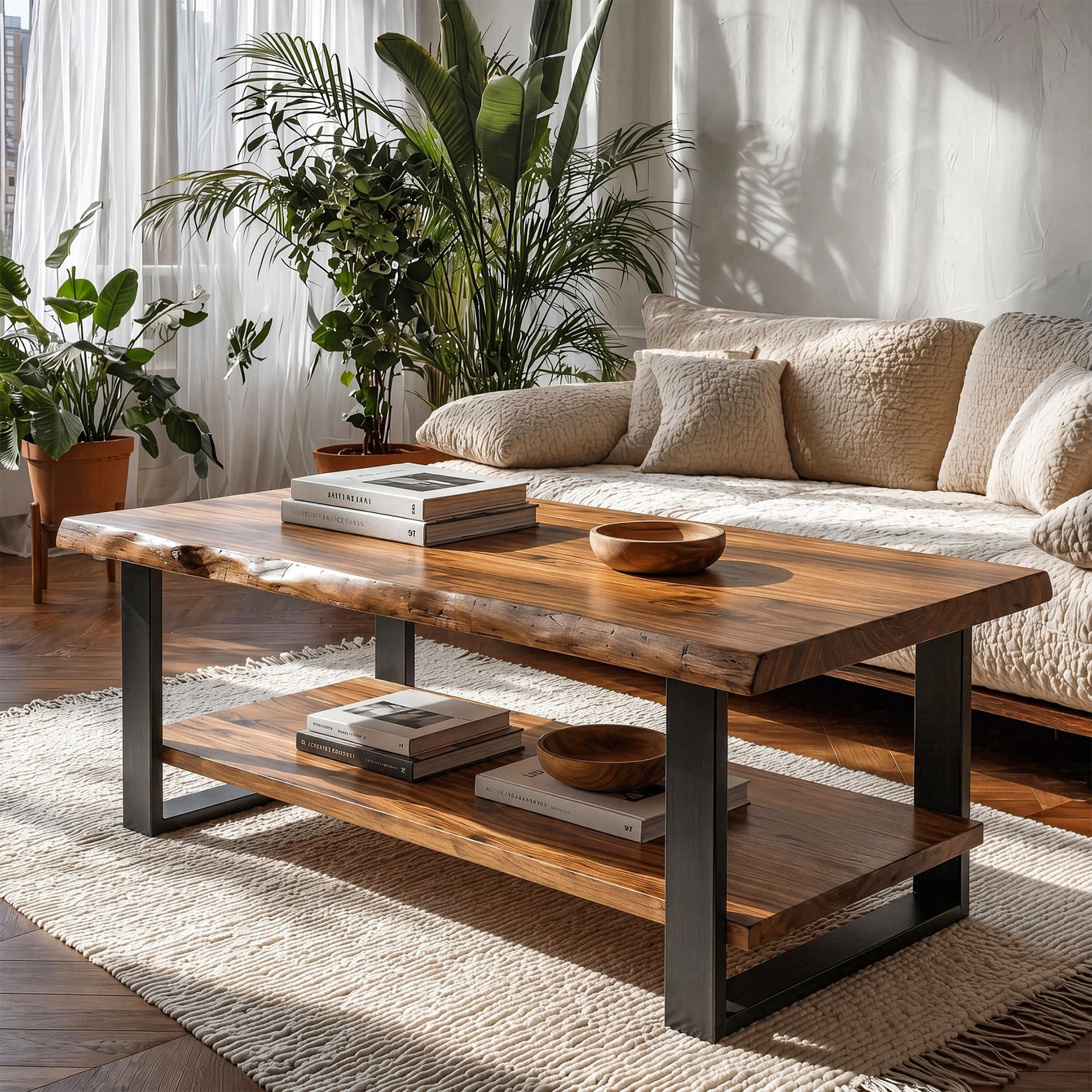 Tribesigns 47-Inch Solid Wood Coffee Table with Live Edge Top, 2-Tier Storage Table for Living Room