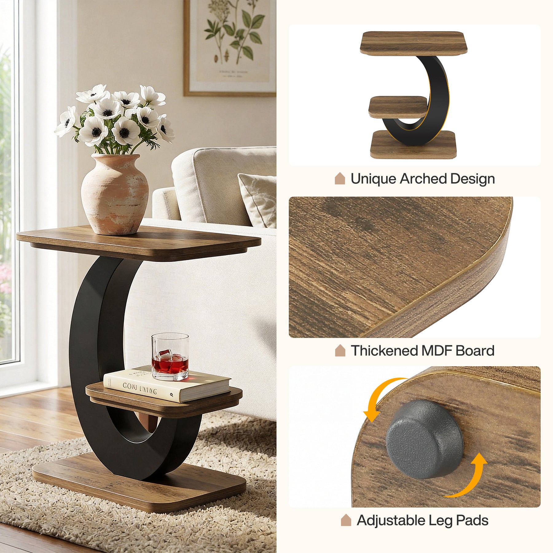 23.6-Inch 2-Tier Narrow End Table with Storage Shelf, Industrial Side Table Nightstand for Living Room