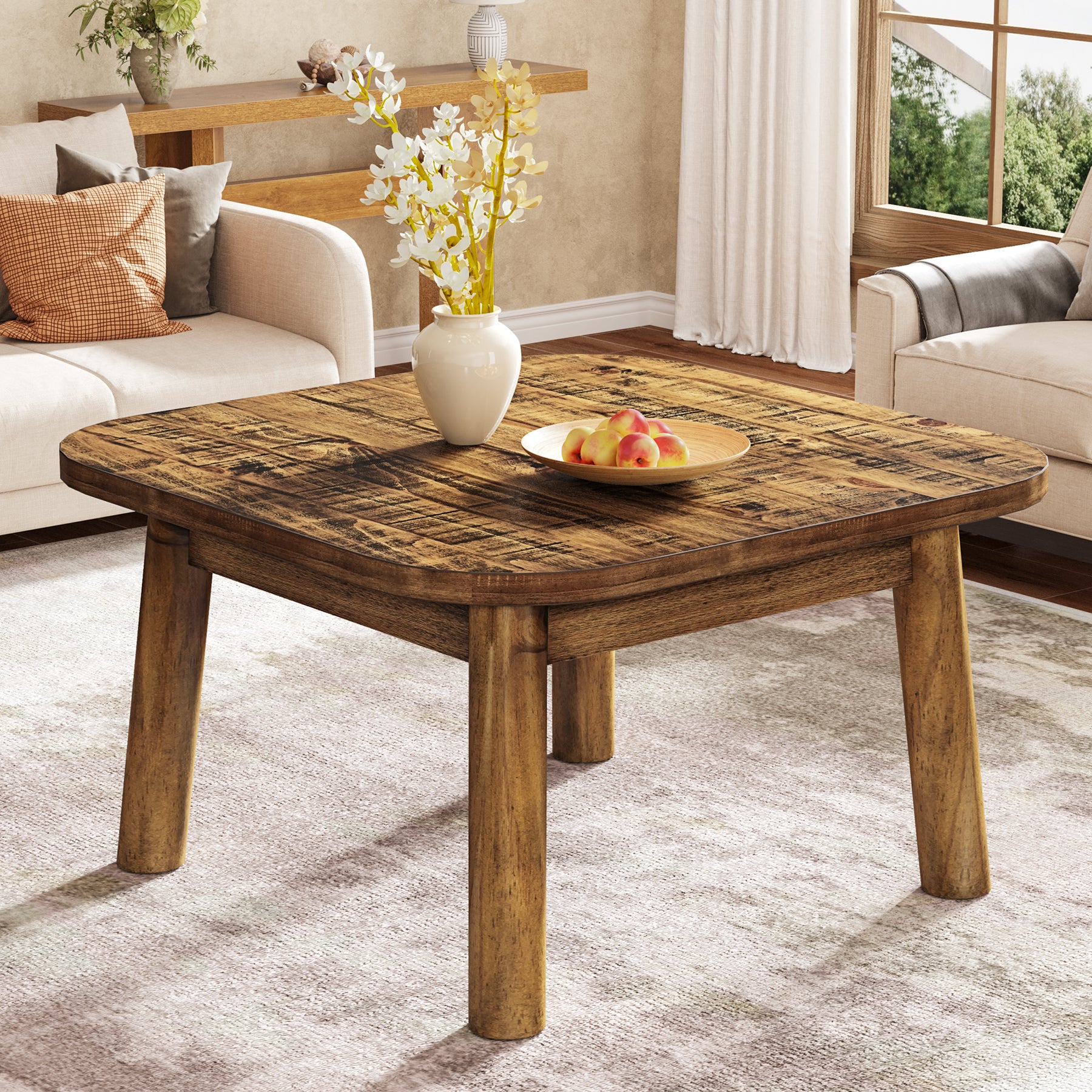 31.5" Solid Wood Square Coffee Table, Corner Farmhouse Center Table for Living Room