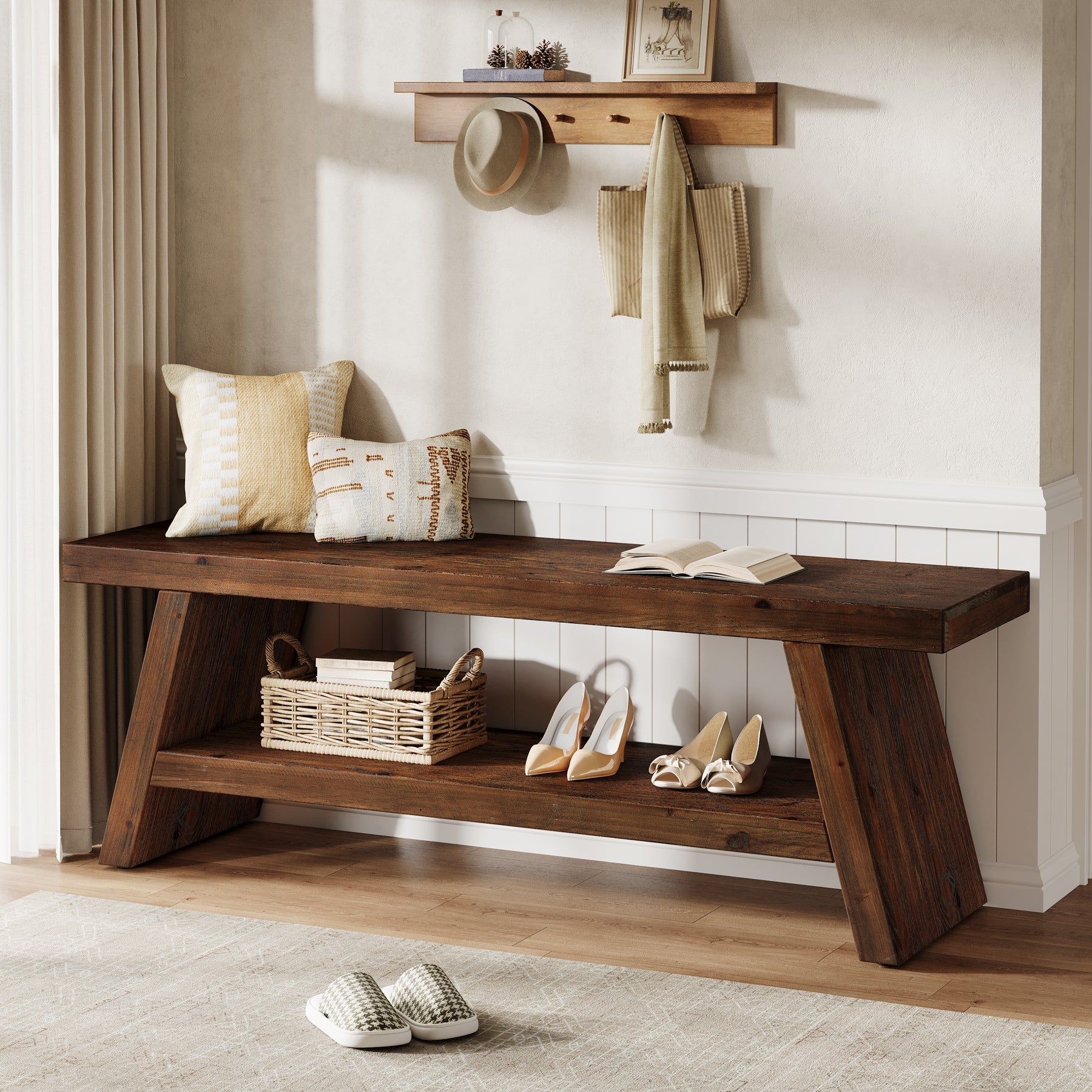 Tribesigns 47-Inch 2-Tier Wooden Storage Bench, Open Shelving Hallway Seat with Solid Fir Frame for Living Room