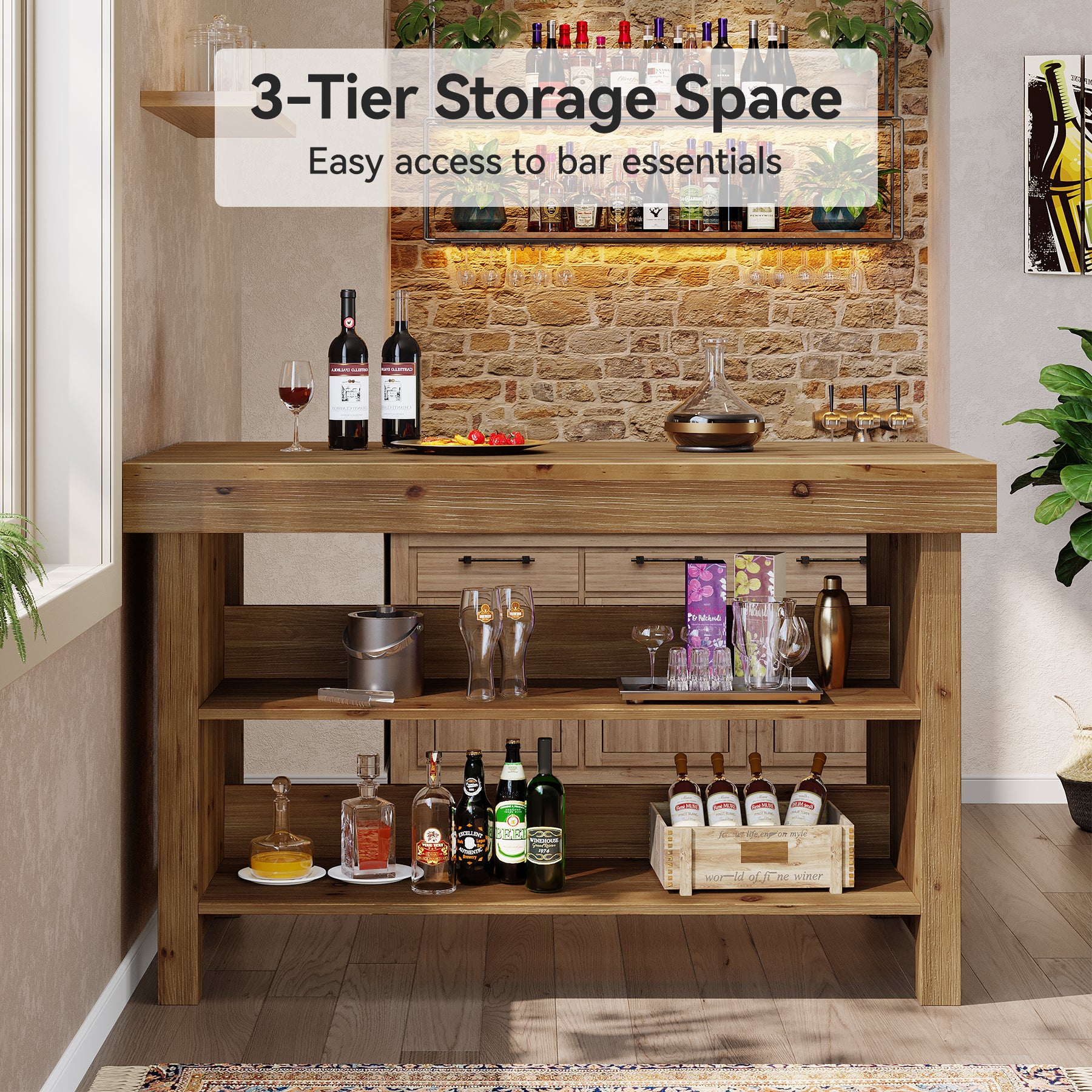 Tribesigns 55-Inch Solid Wood Bar Table with 3-Tier Open Storage Shelves, Farmhouse Counter Height Pub Table