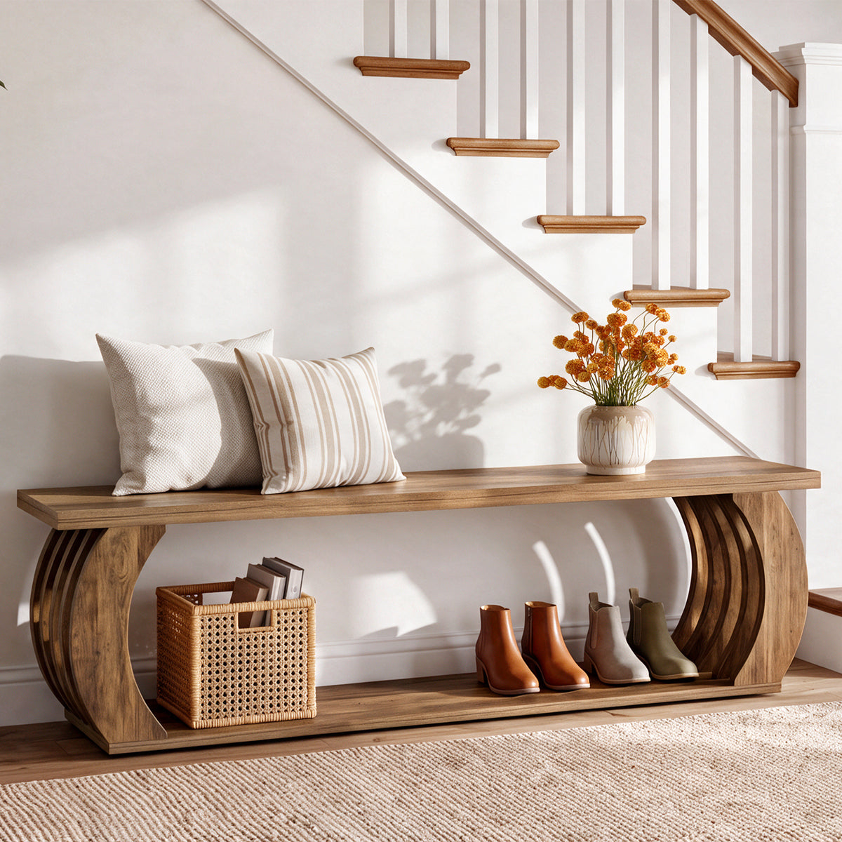 Tribesigns 63-Inch Farmhouse Entryway Bench, 2-Tier Shoe Storage Bench for Hallway