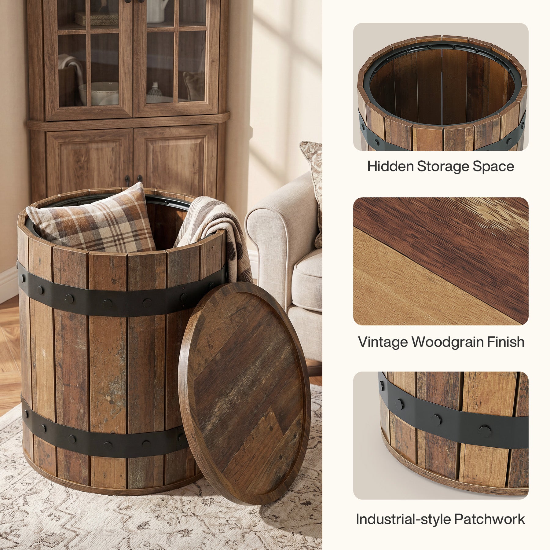 19.68-Inch Barrel Side Table with Hidden Storage, Farmhouse Round End Table with Removable Lid