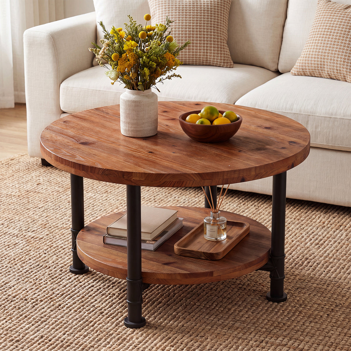 Tribesigns 31.5" Solid Wood Round Coffee Table with Storage Shelf, Industrial Table for Living Room