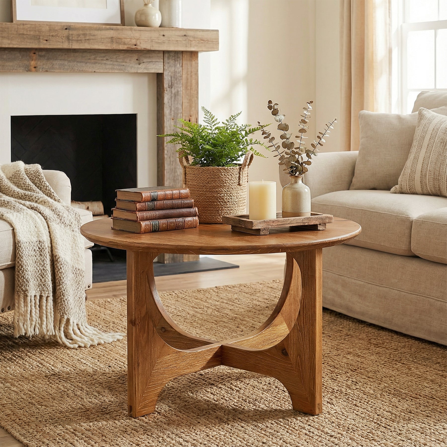 31.5" Round Solid Wood Farmhouse Coffee Table, Rustic Brown Small Space