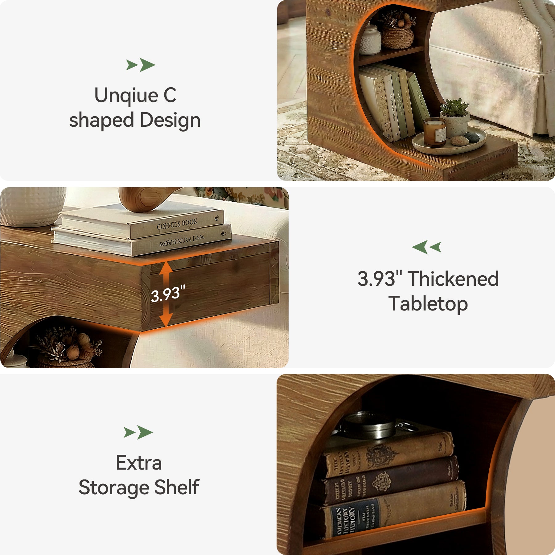 Tribesigns 11.8-Inch Wide Solid Wood C-Shaped Side Table with 2-Tier Storage Shelf