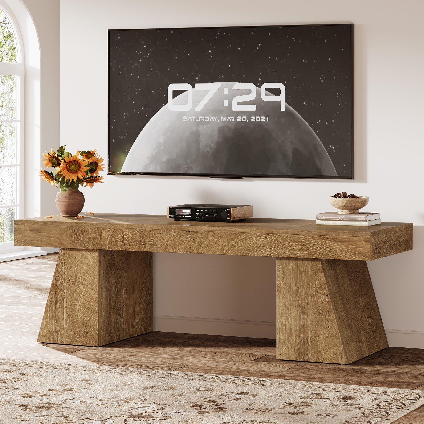 Tribesigns 63-Inch Farmhouse TV Stand for 55-75 Inch TVs with Double Geometric Pedestal, Media Console for Living Room and Bedroom