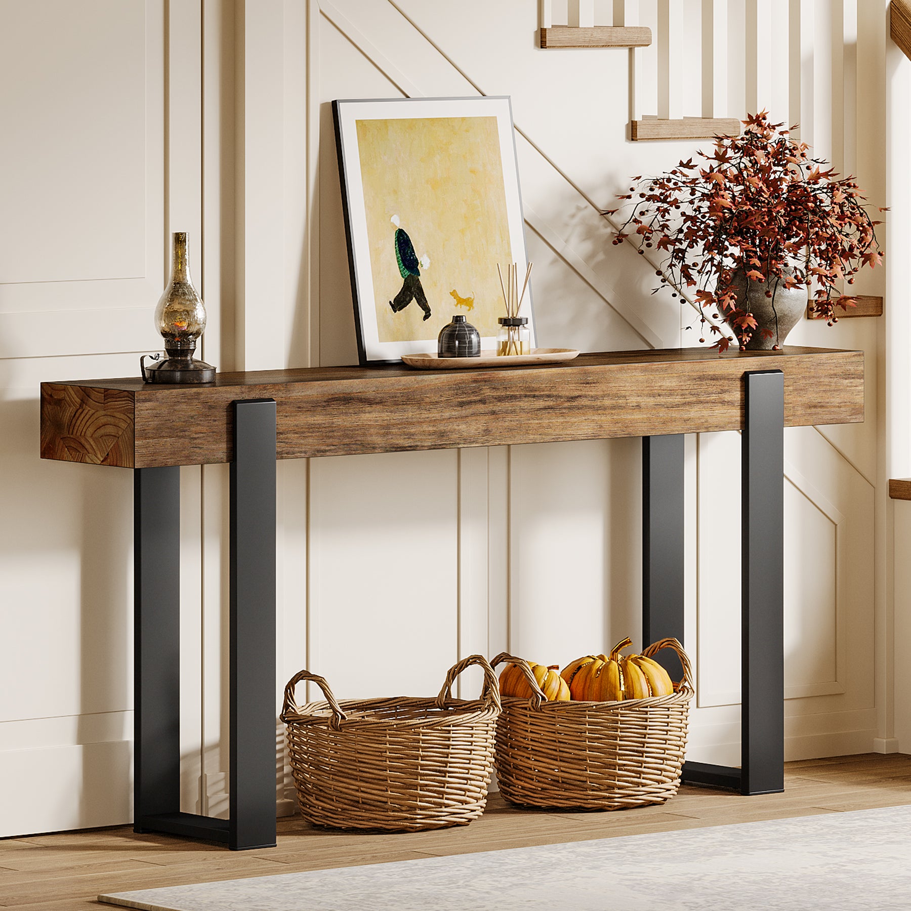 Tribesigns 63-Inch Solid Wood Sofa Table with Metal Support, Narrow Console Table for Behind Couch
