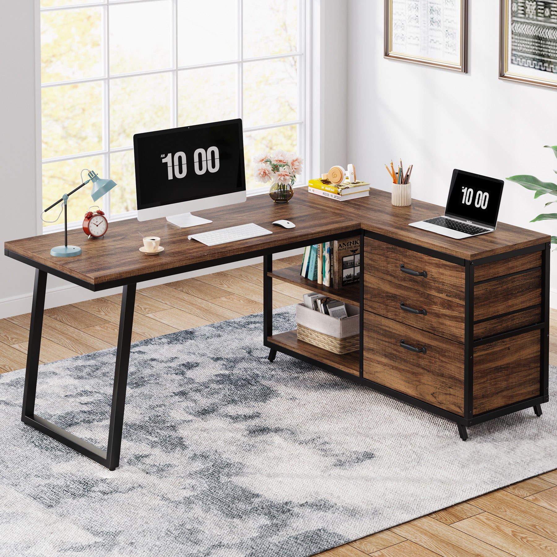 Reversible L-Shaped Computer Desk with 3 Drawers and Shelves, 53-Inch Rustic Brown Corner Desk for Small Spaces