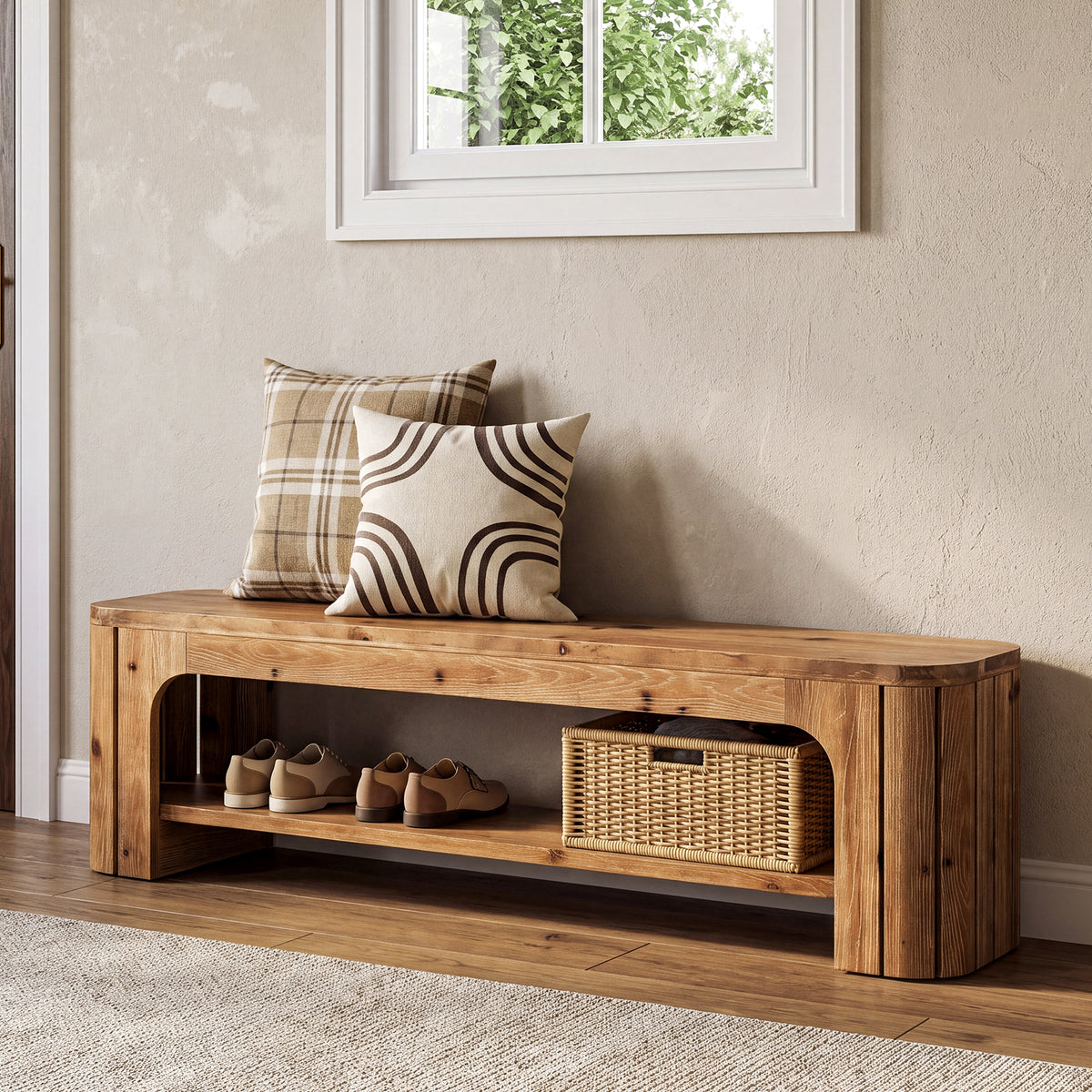 Tribesigns 62.99-Inch Solid Wood Shoe Storage Bench, 2-Tier Entryway Bench for Hallway and Bedroom