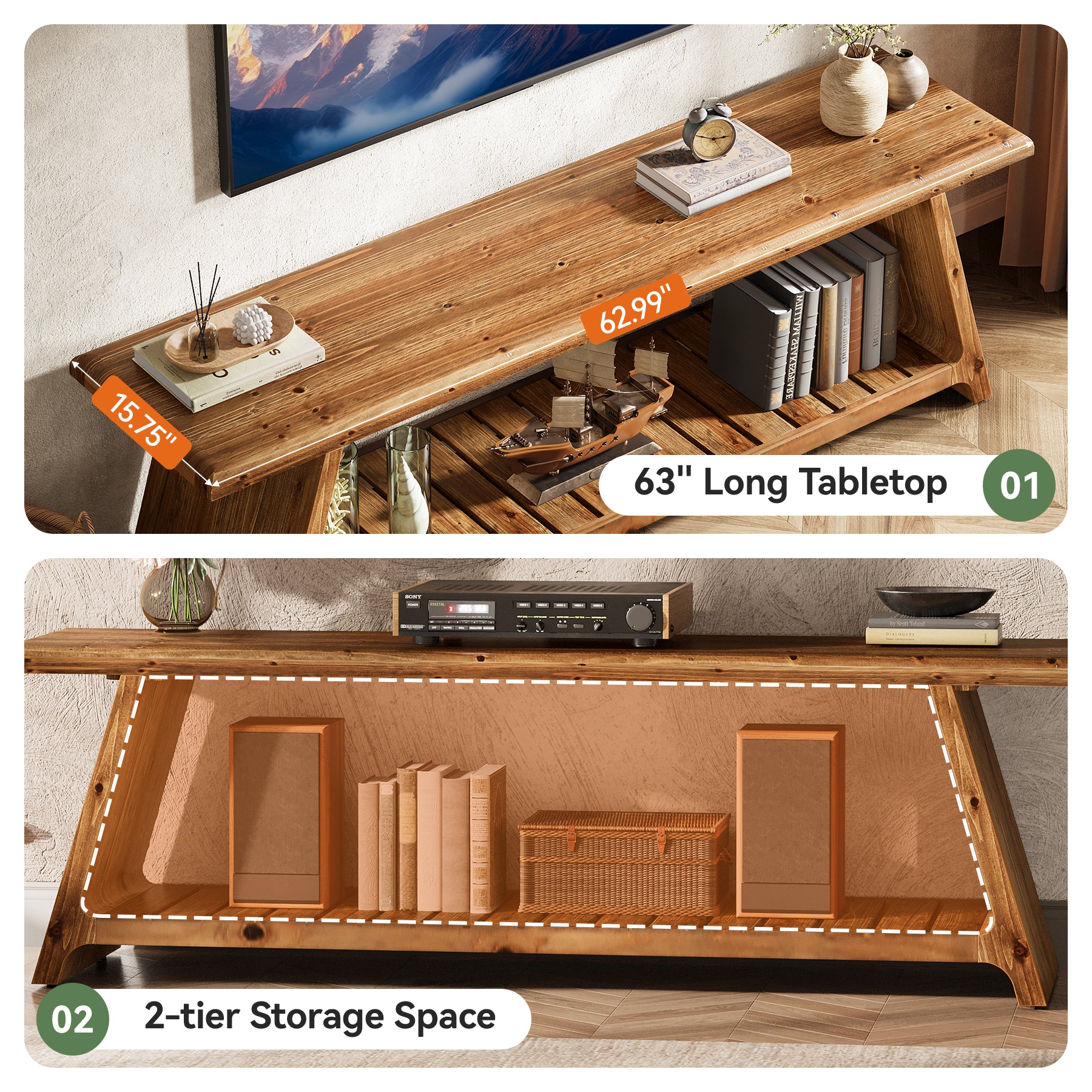 Tribesigns 63-Inch Solid Wood TV Stand with 2-Tier Storage, Farmhouse Media Console for Living Room and Bedroom