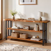 Tribesigns 63 Inch Solid Wood Live Edge Console Table with 3-Tier Shelves, Rustic Hallway Sofa Table 3