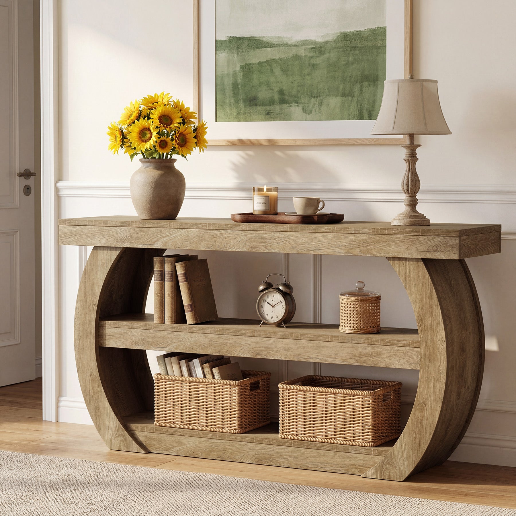 63" Farmhouse Console Table with 3-Tier Storage, Long Wooden Sofa Table for Entryway and Living Room