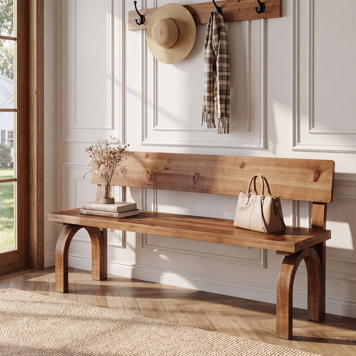 63 Inch Solid Wood Entryway Bench with Backrest, Farmhouse Indoor Bench for Hallway and Bedroom