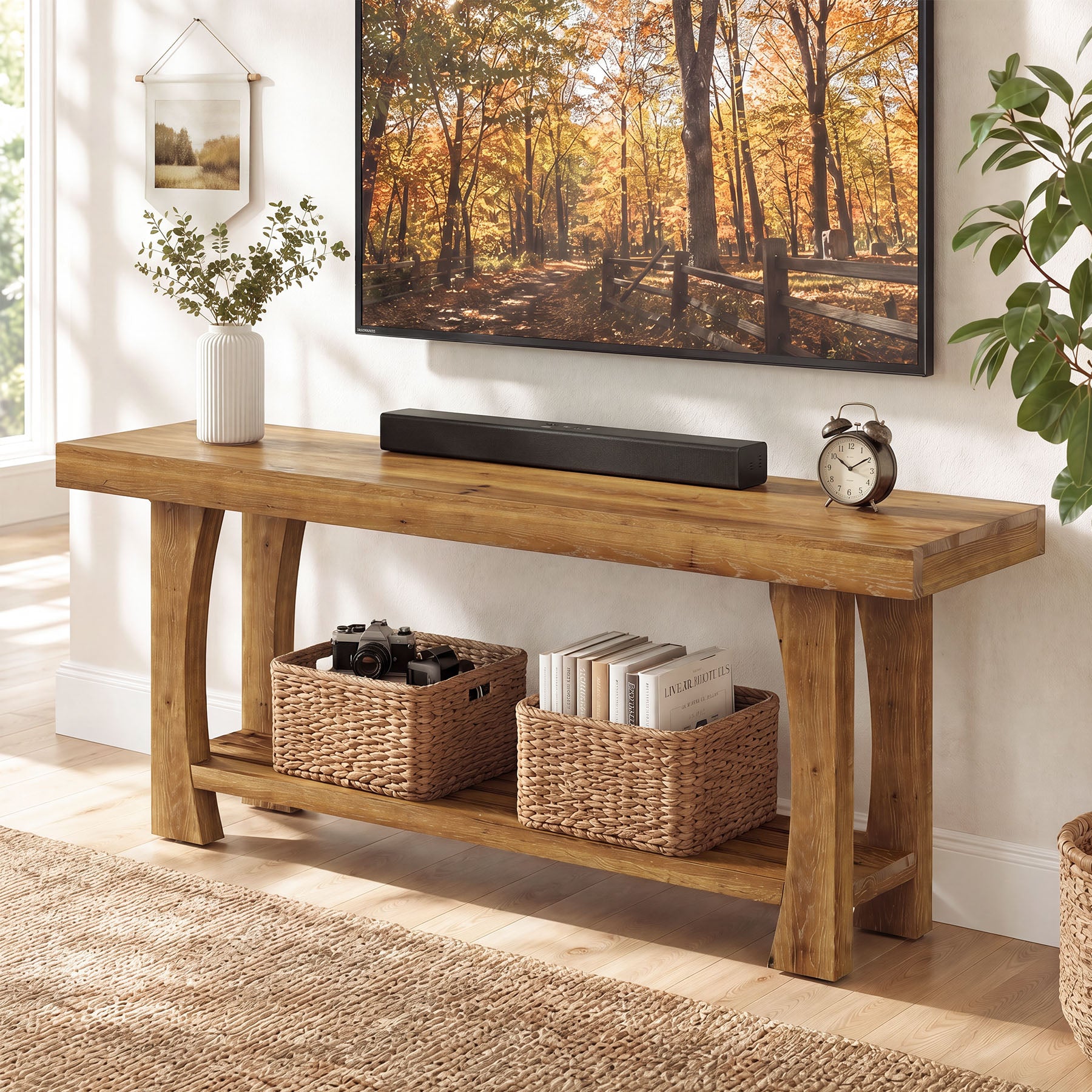 Tribesigns Solid Wood TV Stand for TVs up to 70 Inch, Farmhouse Media Console with Slatted Shelf
