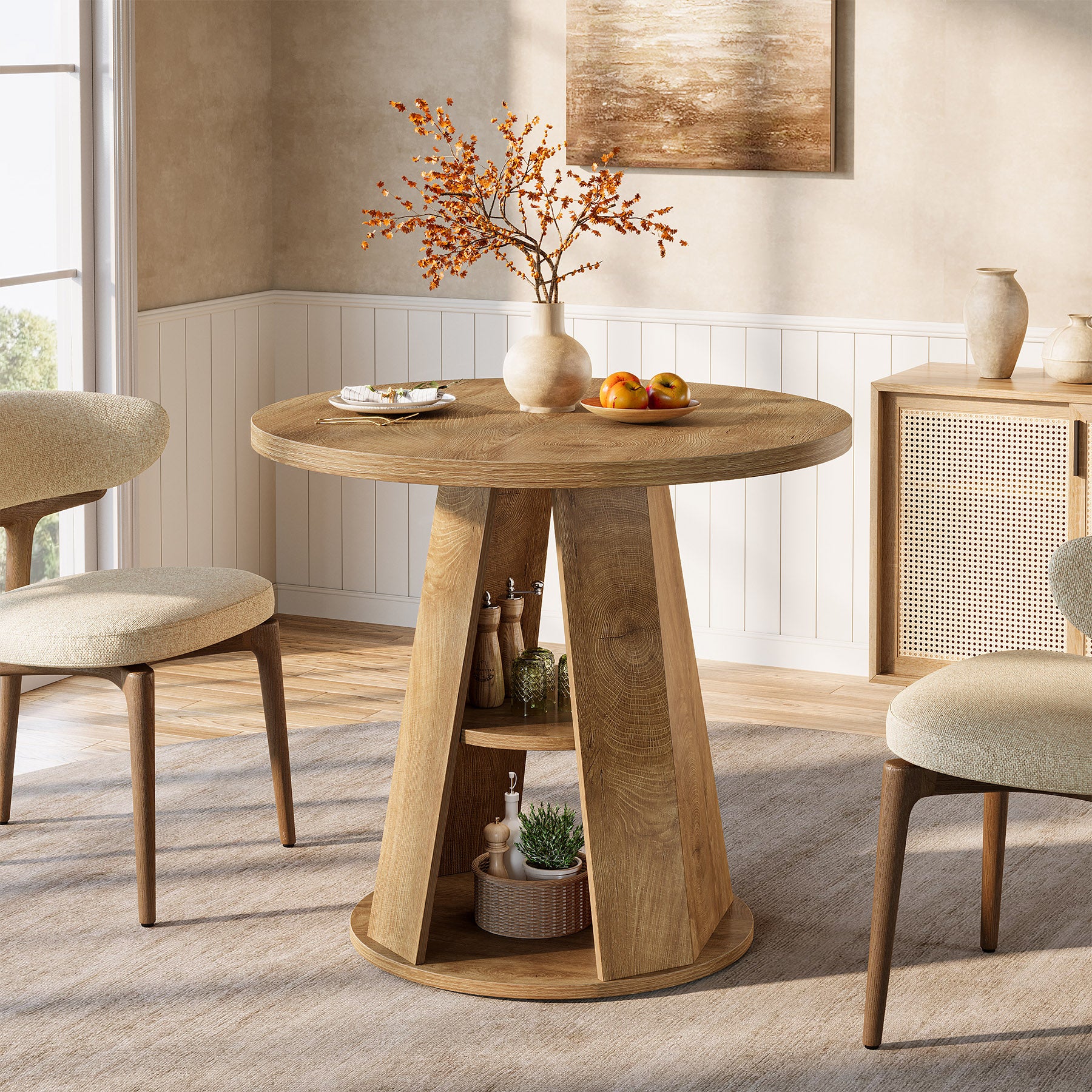 Tribesigns 31.5-Inch Round Dining Table for 2-4, Space-Saving Farmhouse Kitchen Table with 2-Tier Storage Shelf for Small Spaces