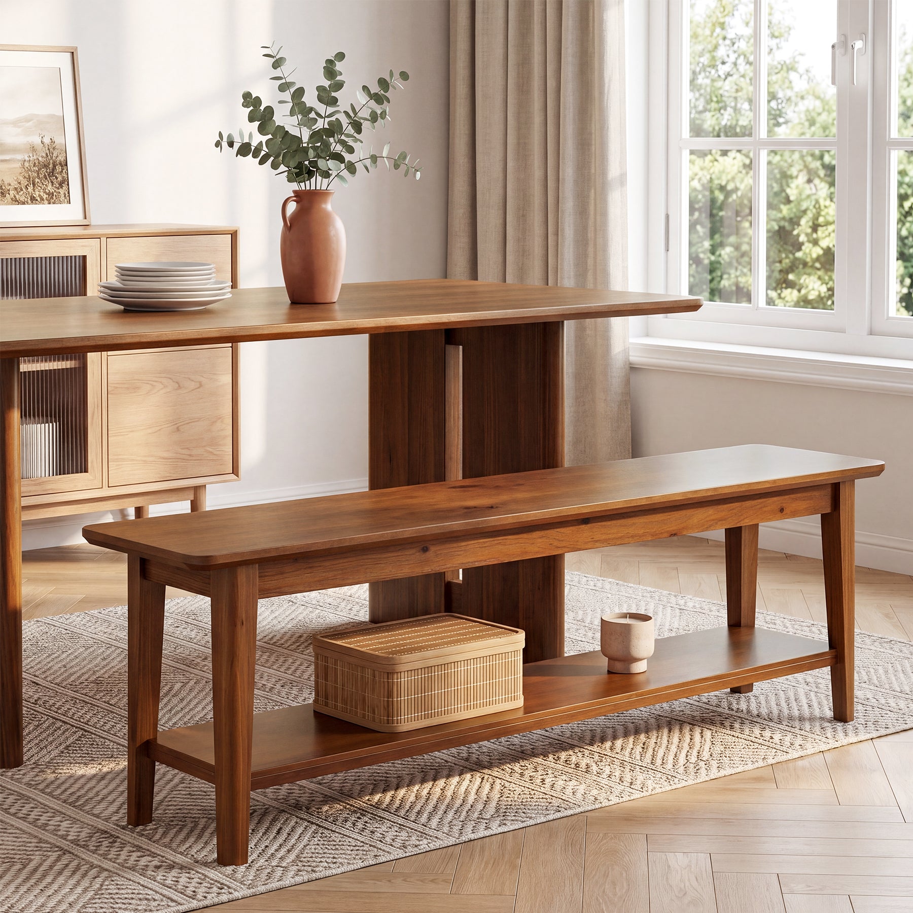 Tribesigns 55-Inch Farmhouse Bench with Storage Shelf, Wooden Dining Seating for Kitchen Dining Room and Patio