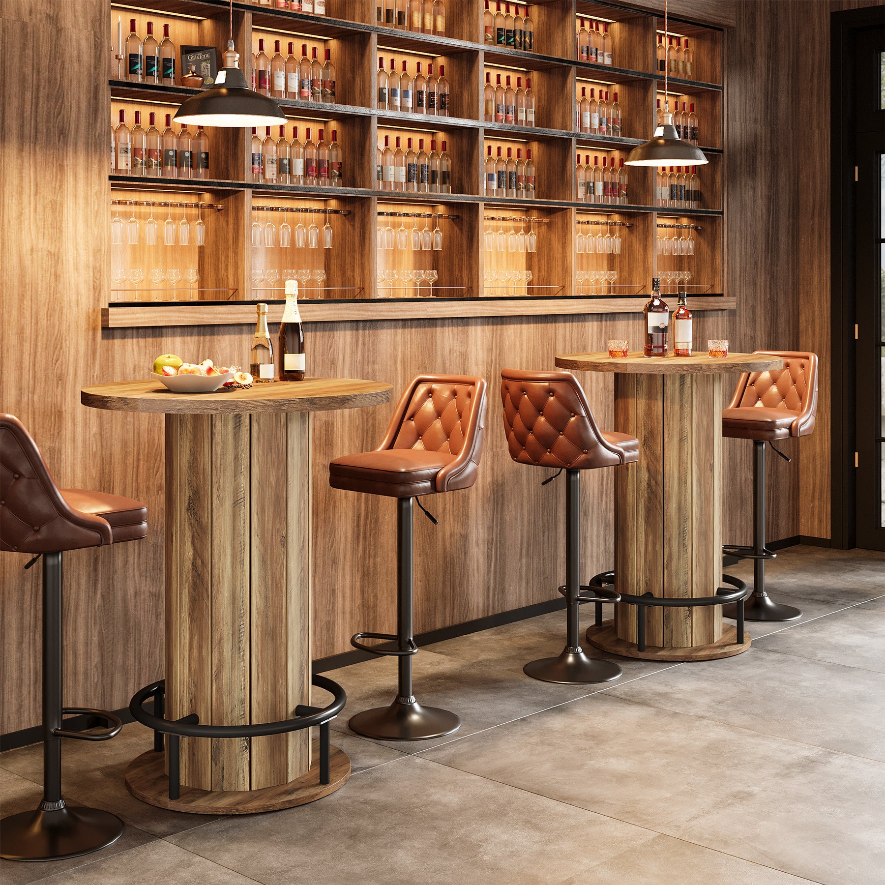 39.4" Round Wood Bar Table, Metal Ring Footrest for Dining & Living