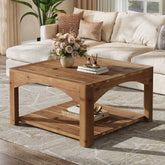31.5" Square Solid Wood Coffee Table with 2-Tier Storage, Wooden Center Table for Living Room 3