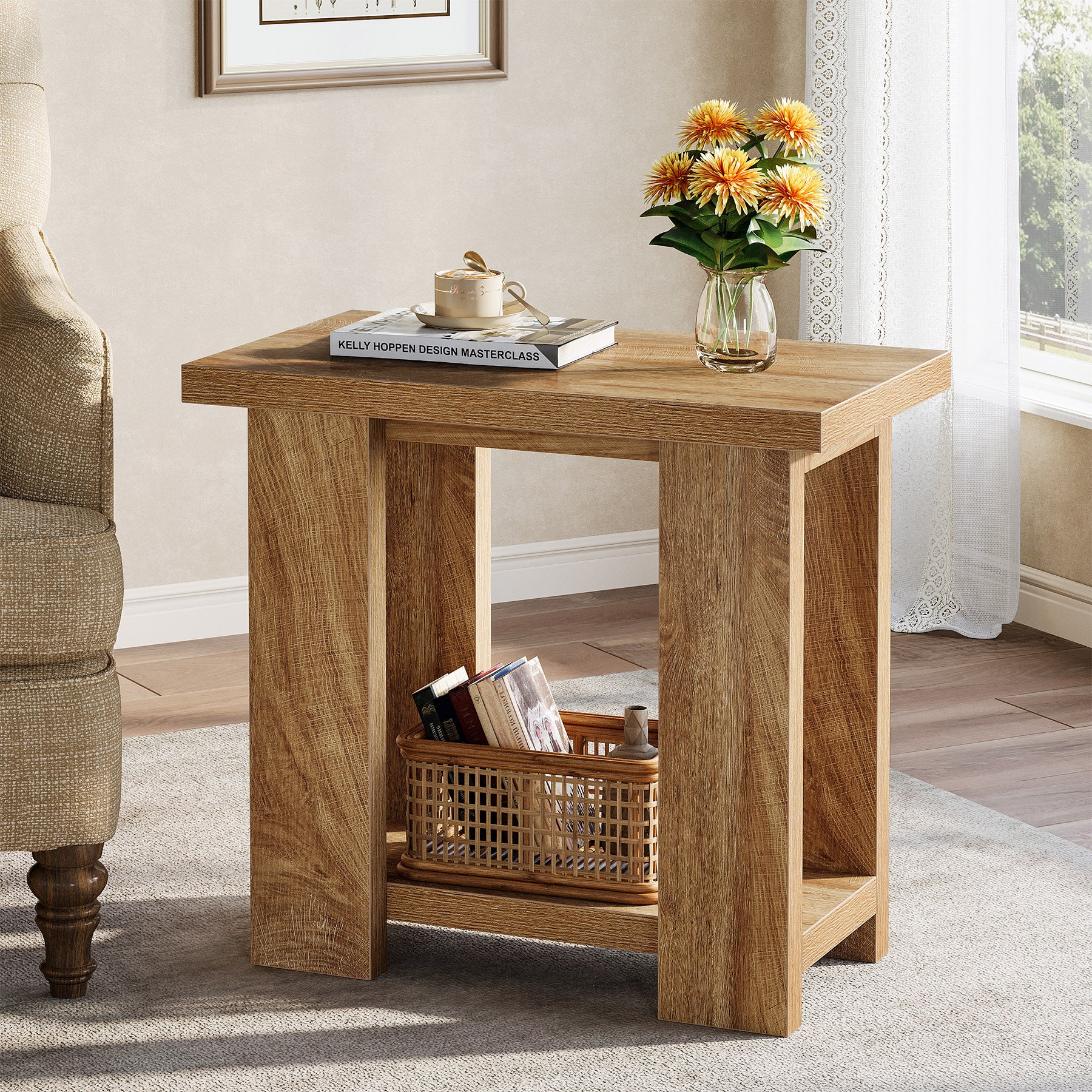 Tribesigns 27.6-Inch Wooden Side Table with 2-Tier Shelf, Farmhouse End Table for Small Spaces