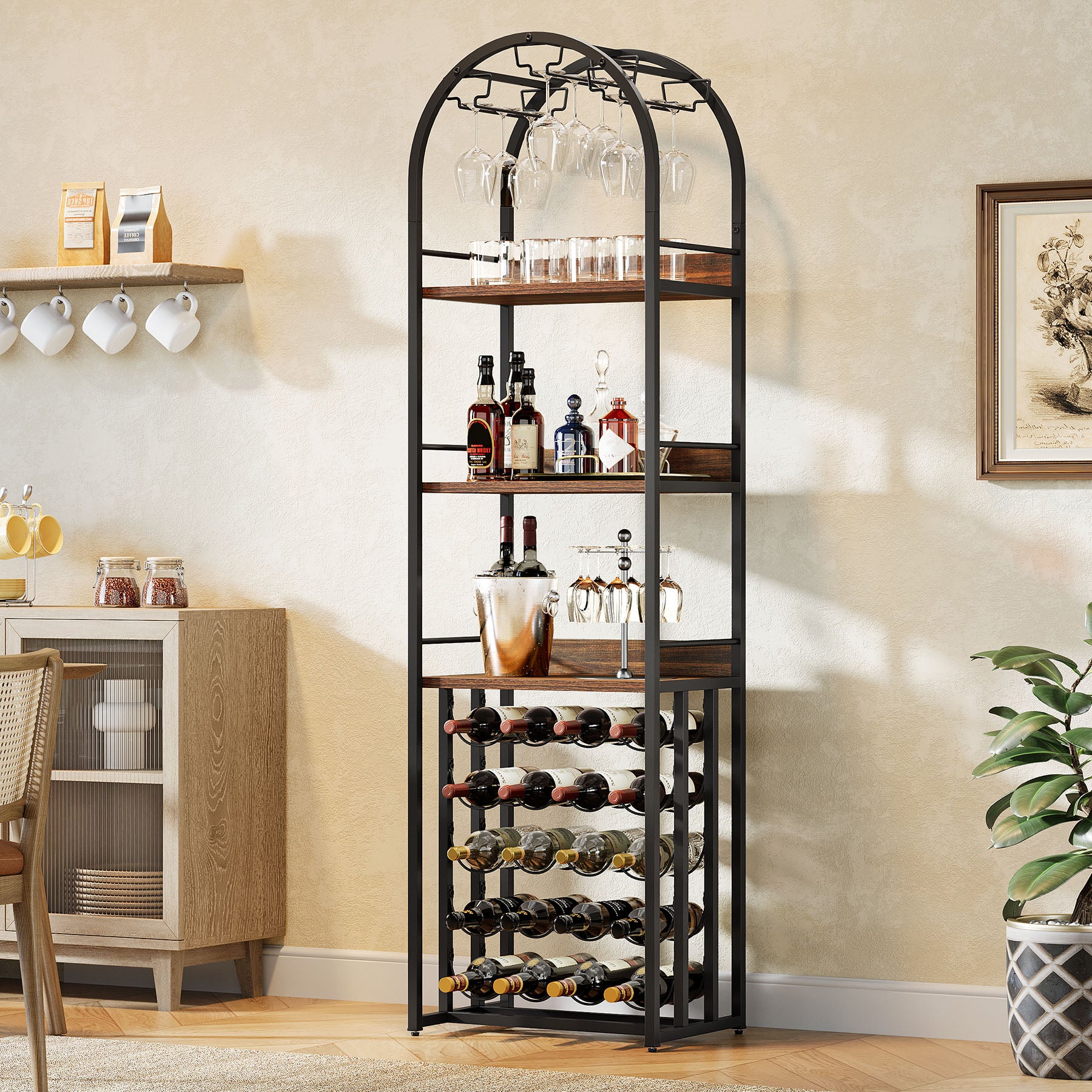 70.9" Tall Wine Rack with Glass Holder, Industrial Metal Wine Storage Stand with Tabletop