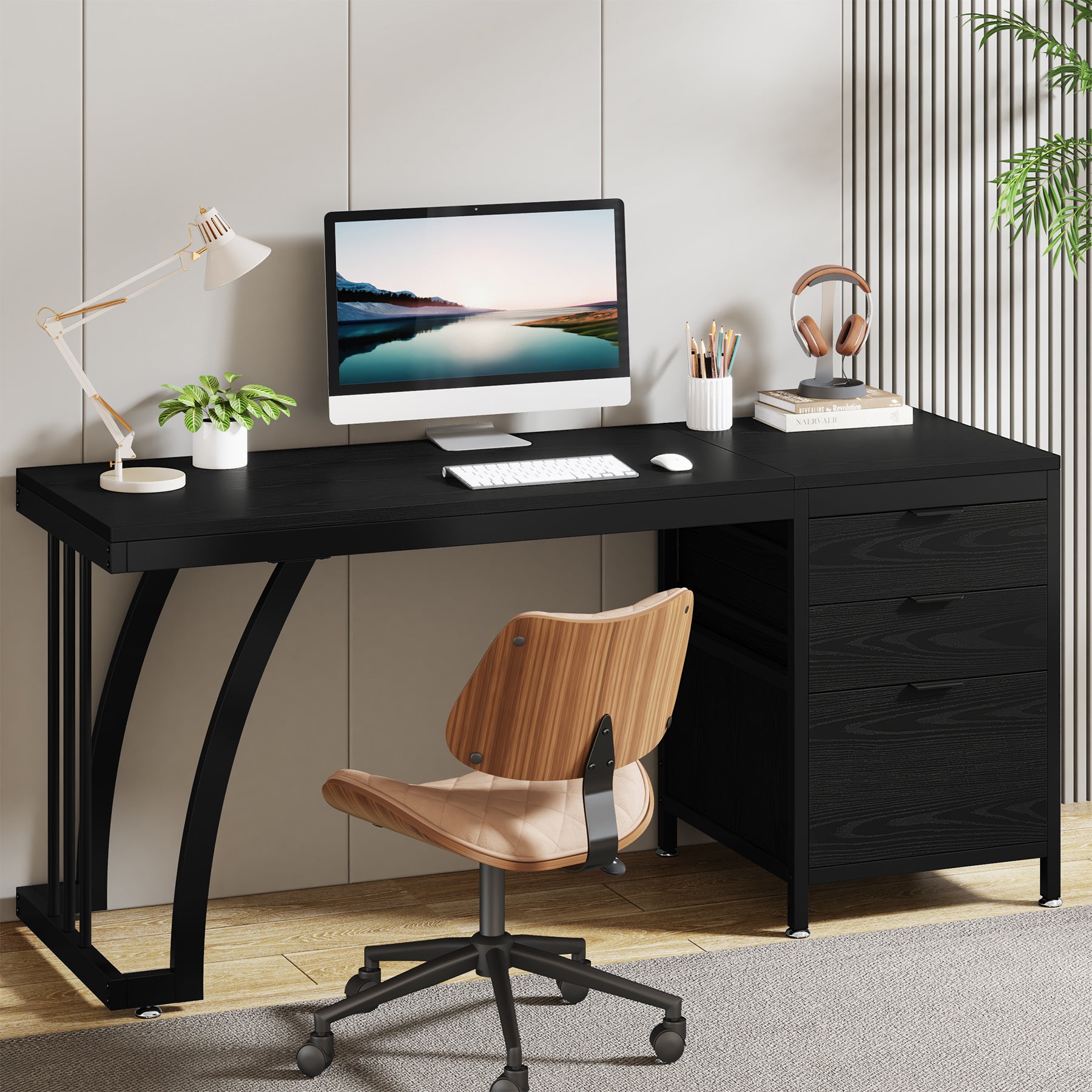 Tribesigns 59 Inch Computer Desk with Reversible 3-Drawer Storage, Industrial Desk for Home Office