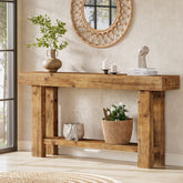 63-Inch Solid Wood Console Table with 2-Tier Storage Shelf, Farmhouse Narrow Sofa Table for Entryway 3