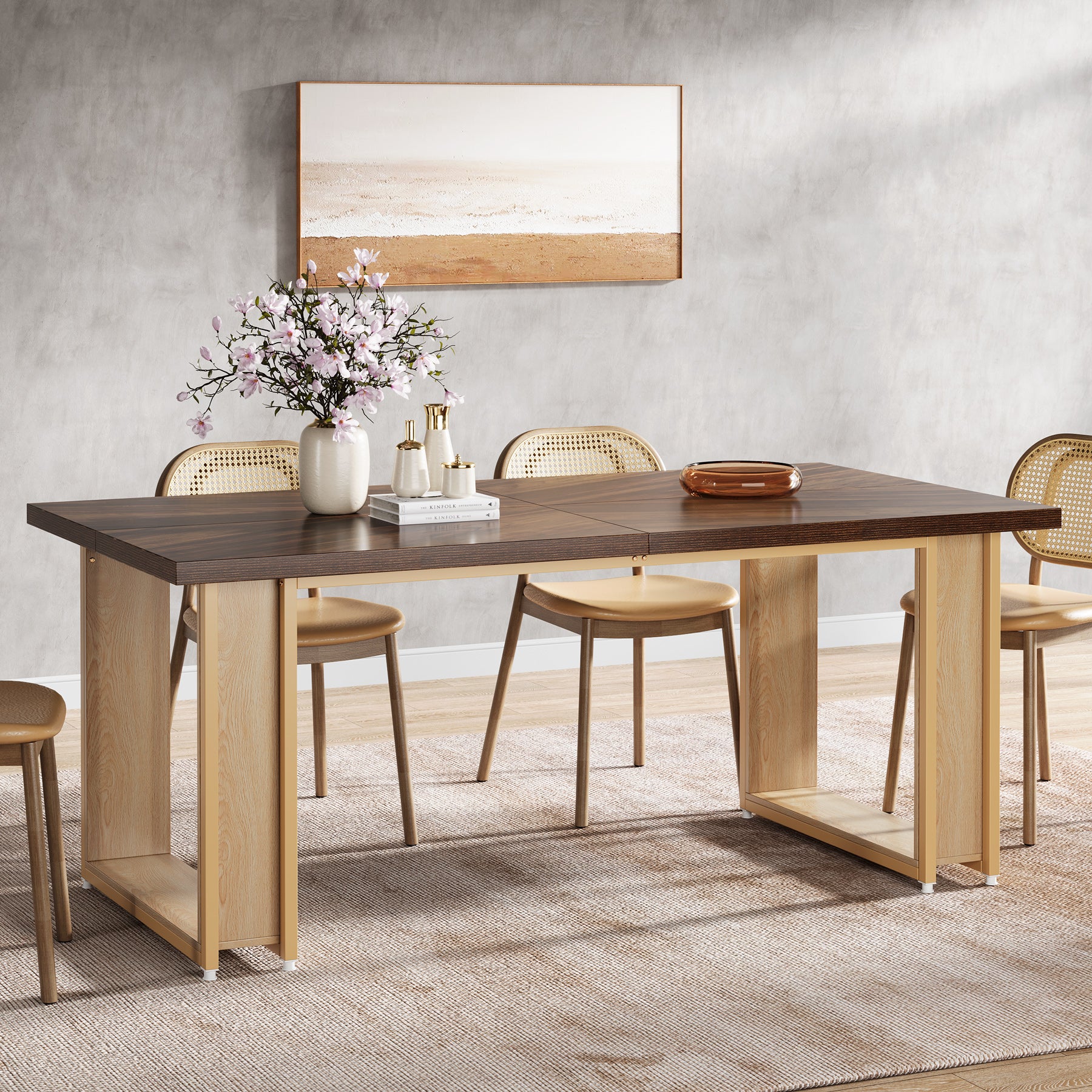 63" Dining Table, Wood Kitchen Table with Metal Frame for 4 People