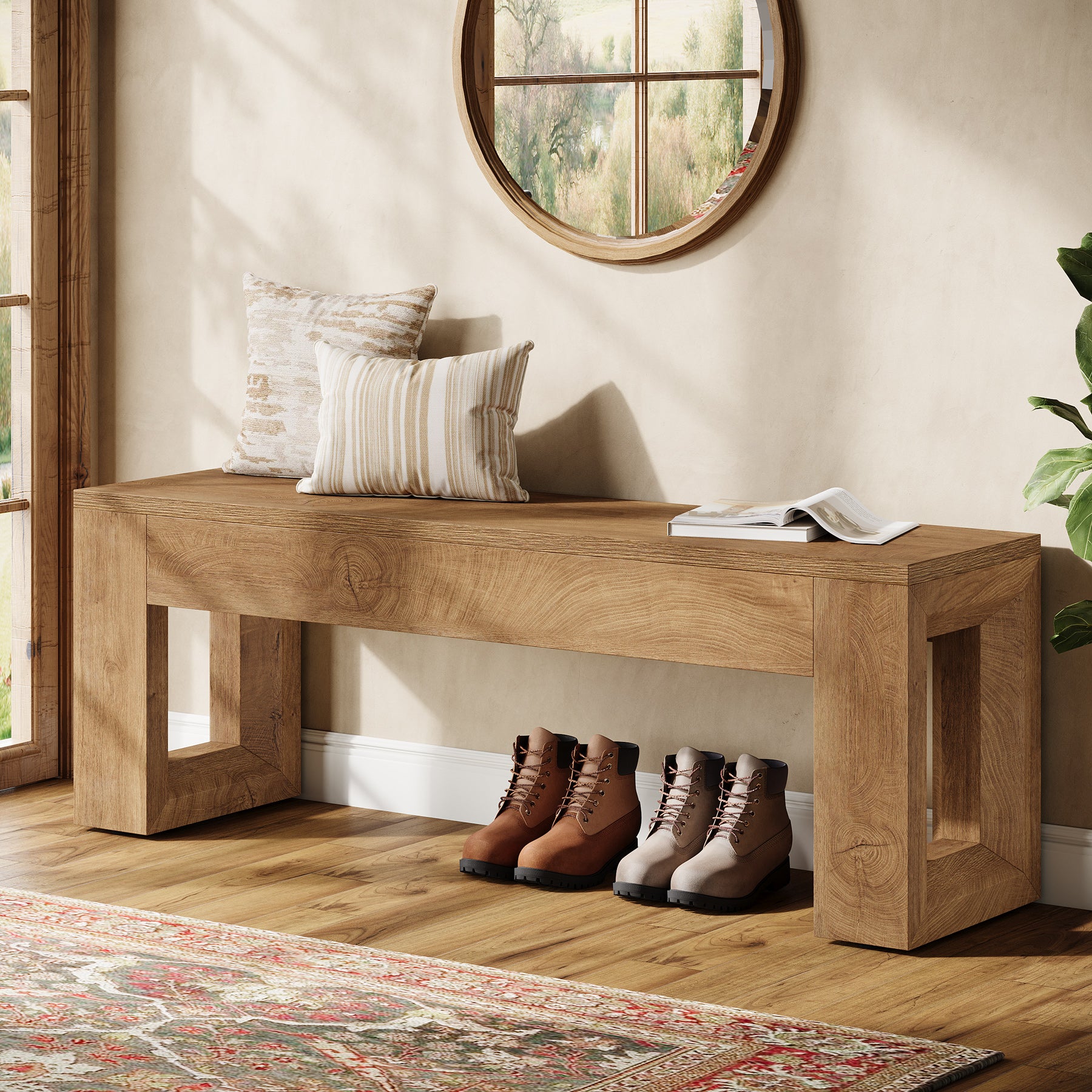 Tribesigns 47-Inch Farmhouse Entryway Bench, Long Wood Shoe Bench with Reinforced MDF Structure for Hallway