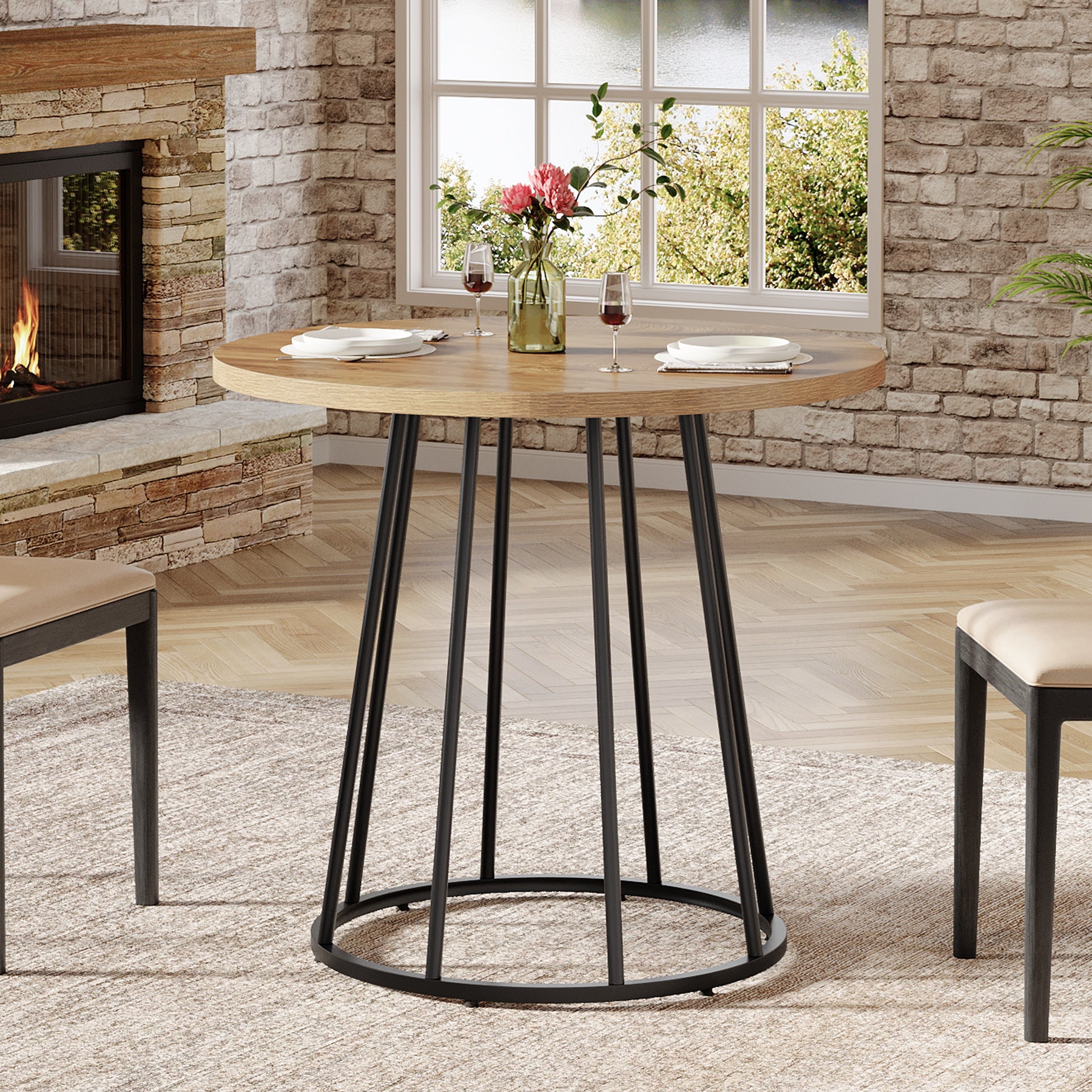 31.5 Inch Round Industrial Dining Table, Rustic Brown Circle Table with Metal Base for Small Spaces